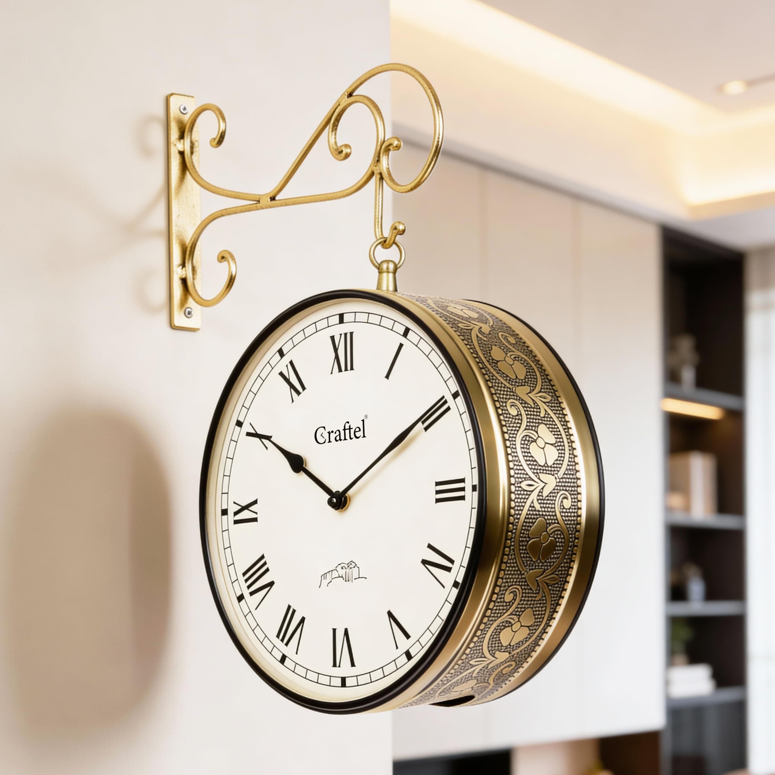 CRAFTEL Metal Analog Double Sided Vintage Roman Station Wall Clock for Home and Living Room (Shiney Gold_12 Inches)
