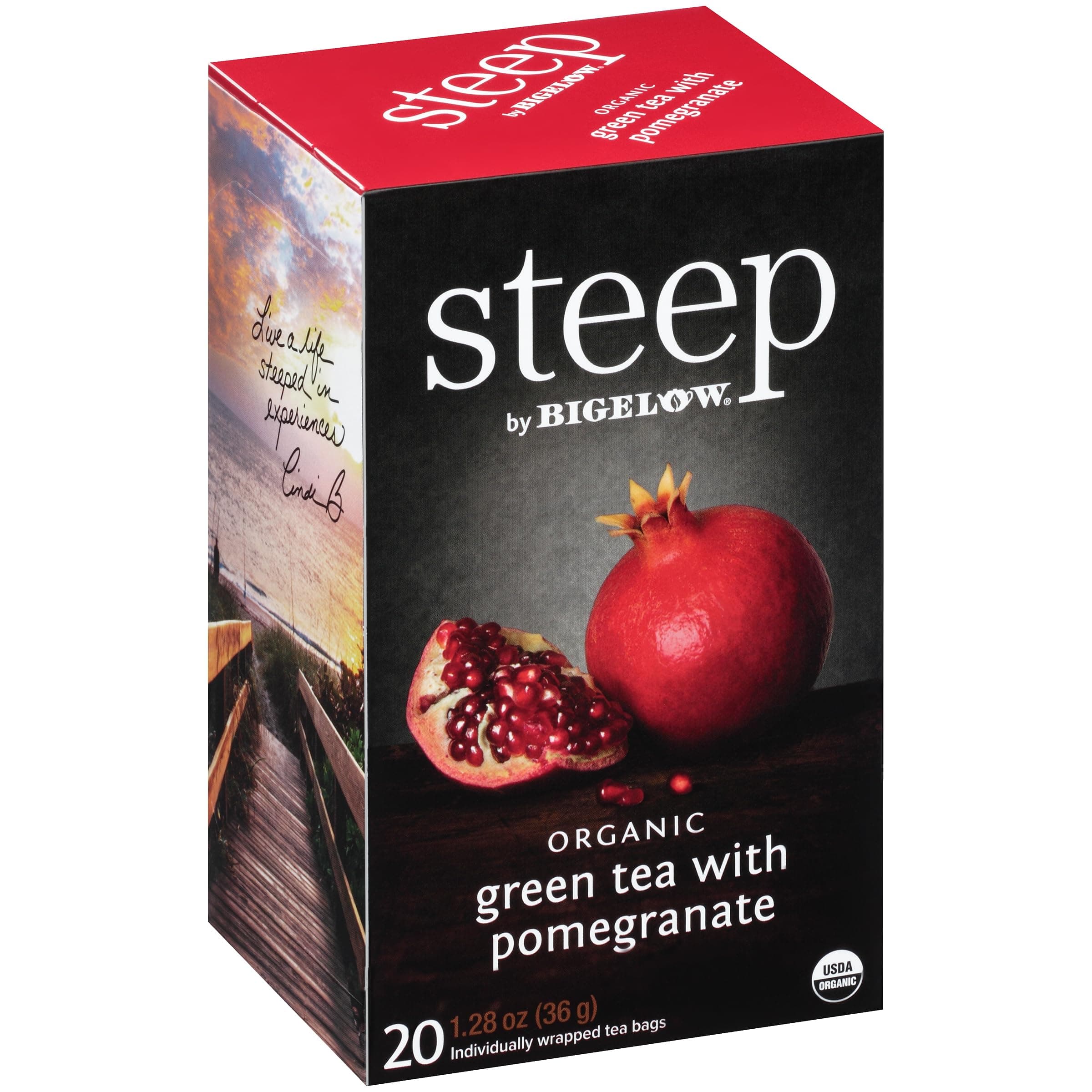 steep by Bigelow Organic Green Tea with Pomegranate, Caffeinated, 20 Count (Pack of 6), 120 Total Tea BagsUSDA Organic
