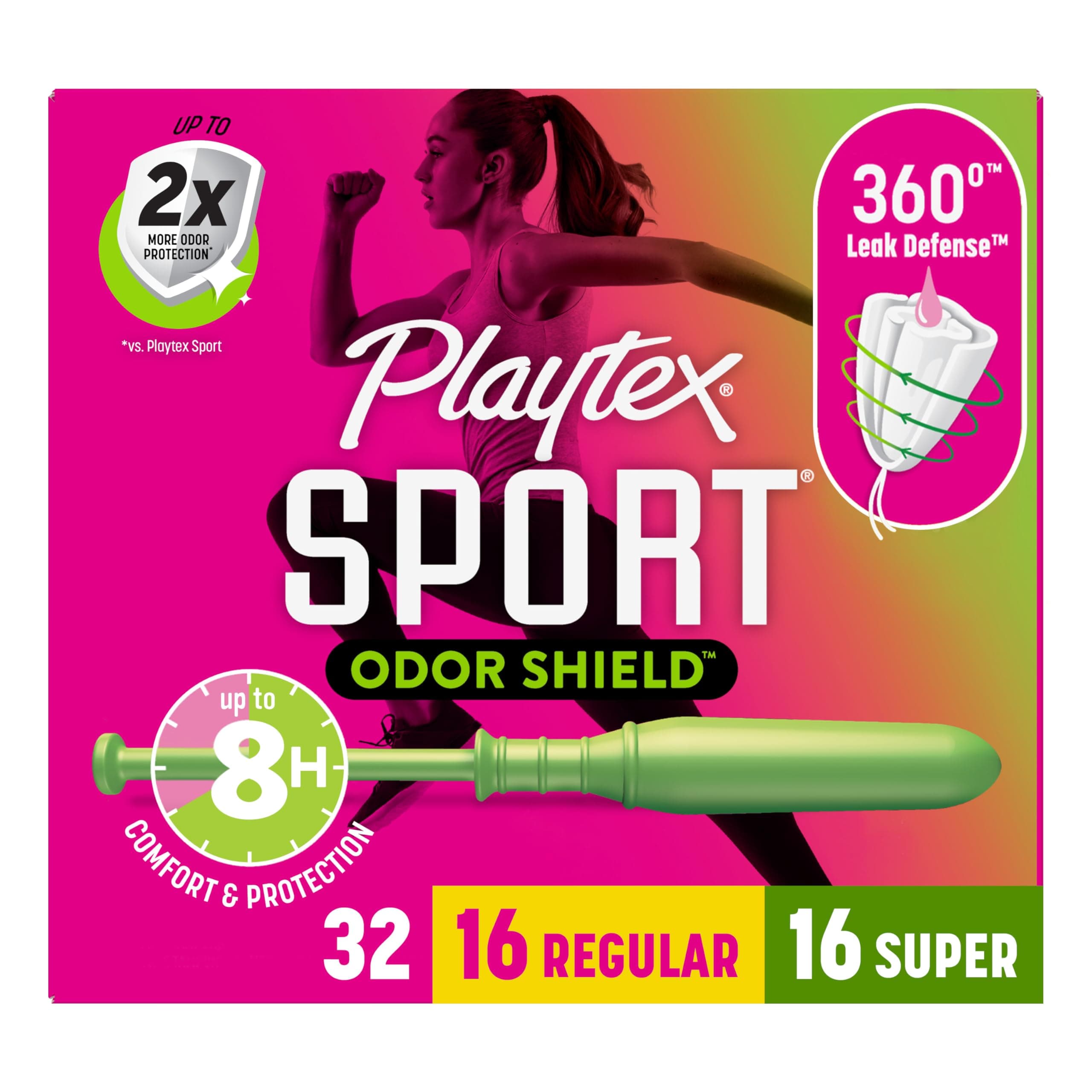 Playtex Sport Odor Shield Tampons Multipack (16ct Regular/16ct Super), Unscented - 32ct | Tampons Regular and Super, Playtex Tampon Multipack, Feminine Care with 360 Leak Defense
