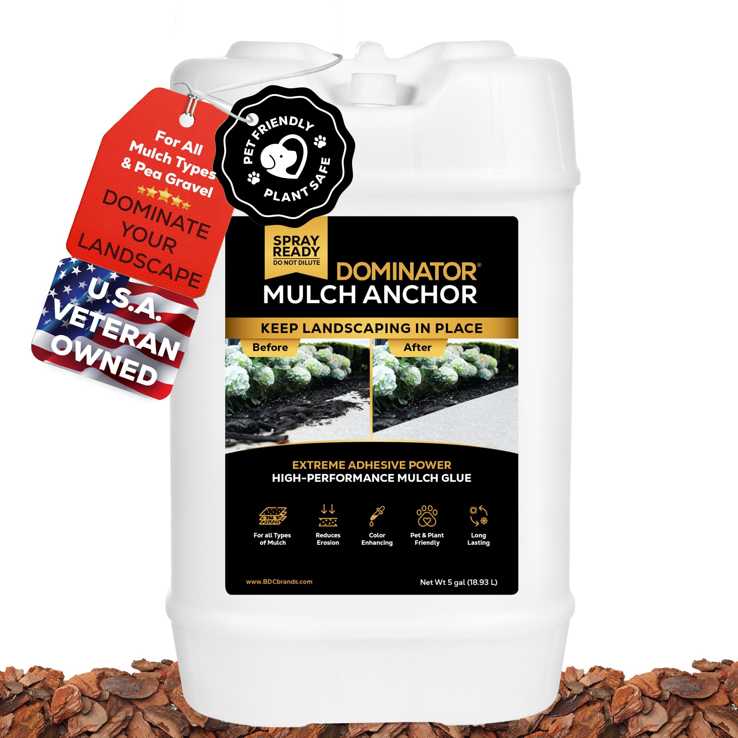 Dominator Mulch Anchor 5 Gallon - Mulch Glue for Landscaping, Pea Gravel & Rock Stabilizer Glue, Ready to Use Spray, Lasts up to 2 Years, Fast-Dry, Non-Toxic