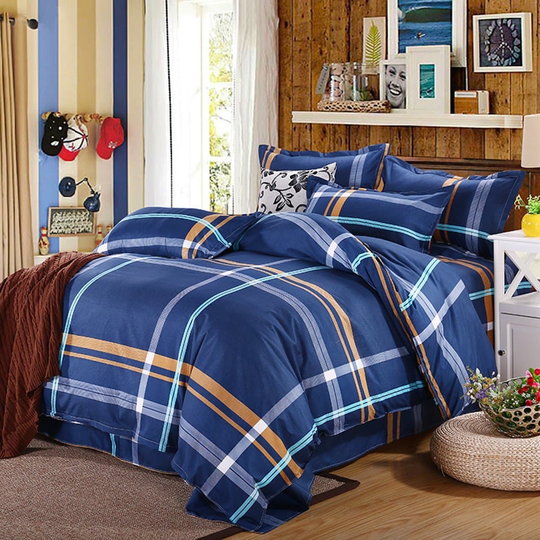 KTM Healthcare® plaid pattern blue, Single Size : bed sets,Plaid Pattern Pillowcase Quilt Cover Bedding Set Single Size Blue