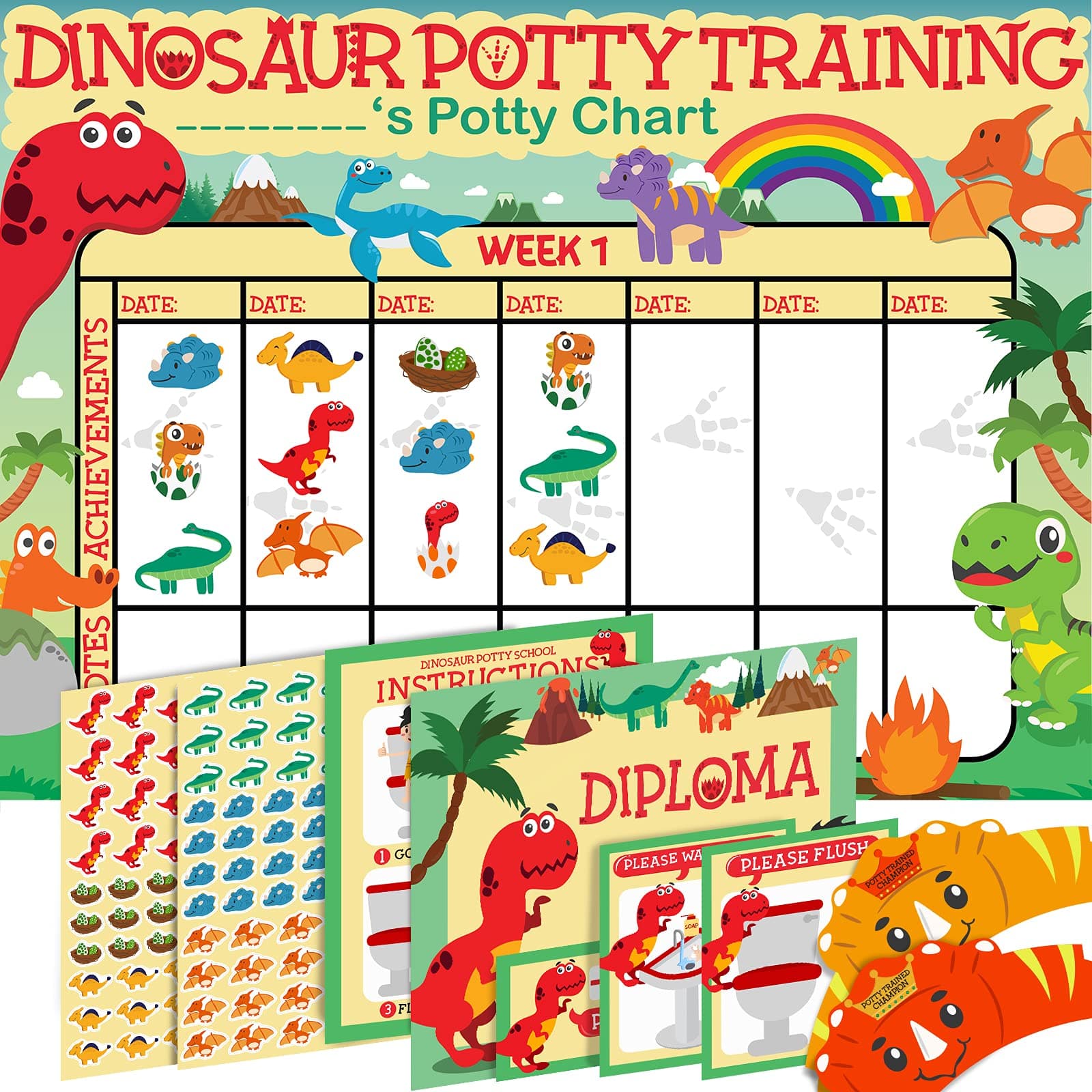 Potty Training Chart for Toddlers - Dinosaur Theme - Sticker Chart - Celebratory Diploma, Crown and Book - 4 Week Potty Chart for Boys and Girls - Potty Training Sticker Chart