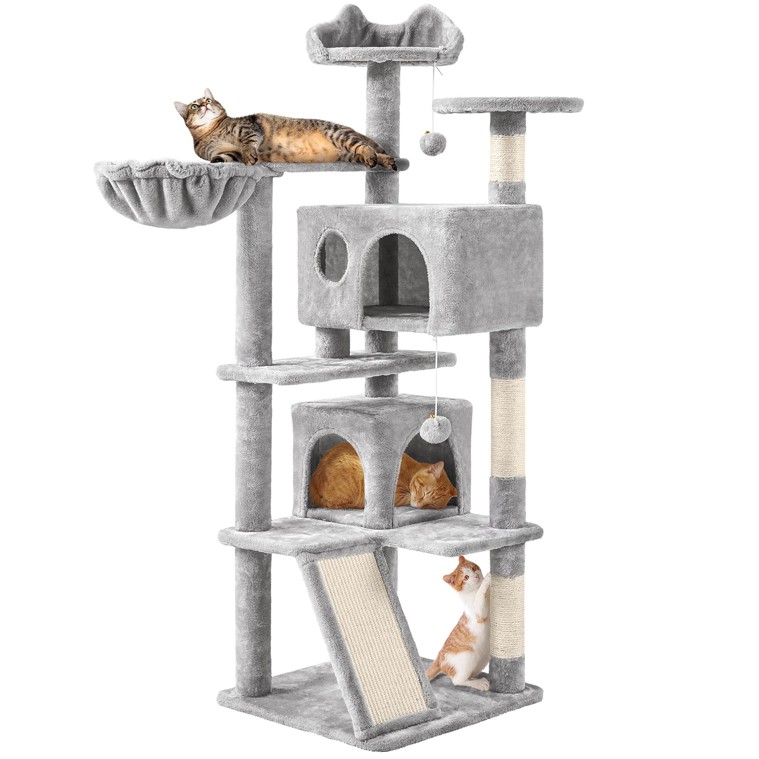 Topeakmart Cat Tree, 57 inches Multi-Level Cat Tree Tower with Scratching Posts, Cat Condo and Basket Kitten Activity Center, Light Gray