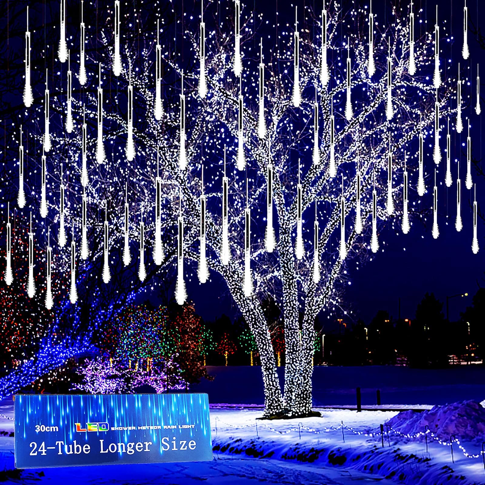 Christmas Lights Outdoor, 24 Tubes(Equivalent to 3 Sets of 8-Tubes) Meteor Shower Light Snow Falling Icicle Lights for Xmas Tree Halloween Decoration Wedding Party Window, UL Plug, White