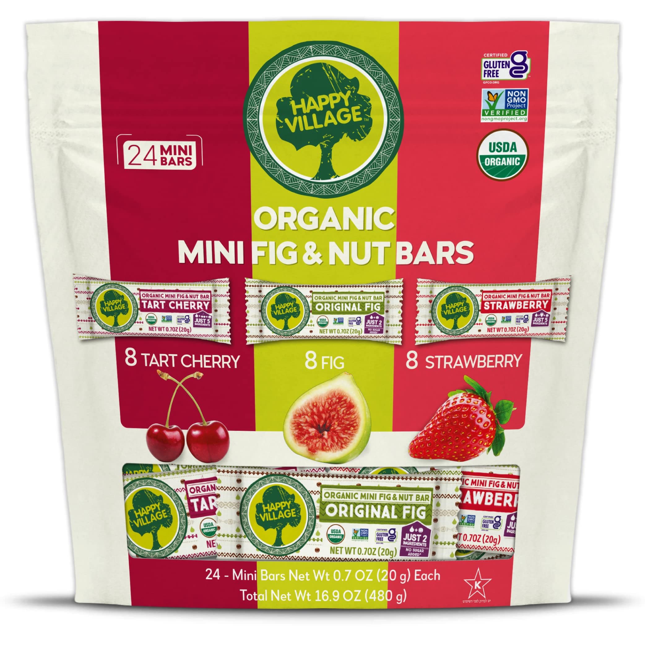 Happy VillageOrganic Mini Fig & Nut Bars, VARIETY (24 Packs, 0.7 OZ each), No Refined Sugar, Kosher, Non-GMO, Gluten Free, Vegan, Good Source of Fiber Snack Bars (8 Tart Cherry, 8 Fig, 8 Strawberry)