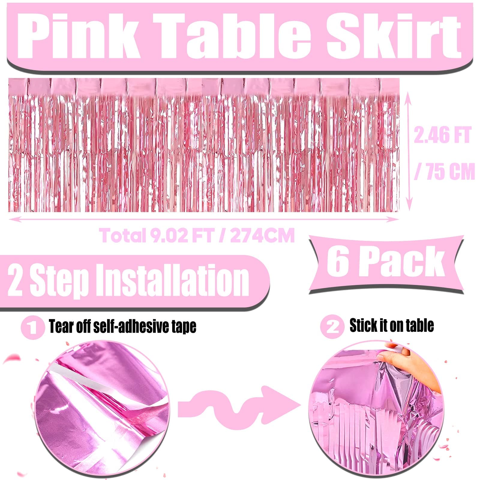 6 Pack 29x108 Inch Metallic Foil Fringe Tinsel Table Skirts Banner for Rectangle Tables Streamer Garland Curtains Backdrop for Wedding, Birthday, Parade Floats, Halloween Party Decoration(Pink)