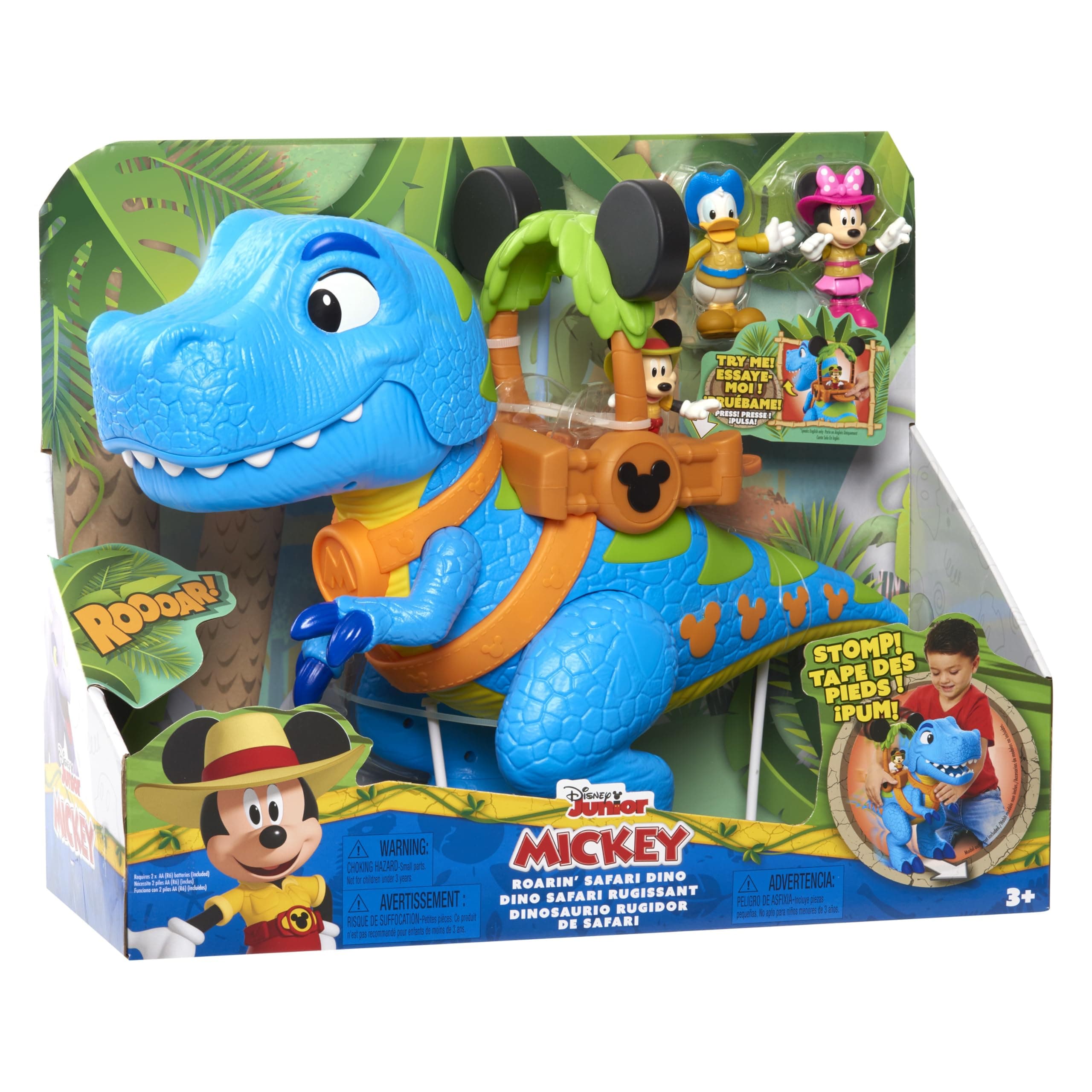 Just Play Disney Junior Mickey Mouse Funhouse Roarin' Safari Dino, 4-piece Figures and Playset, Dinosaur, Kids Toys for Ages 3 Up
