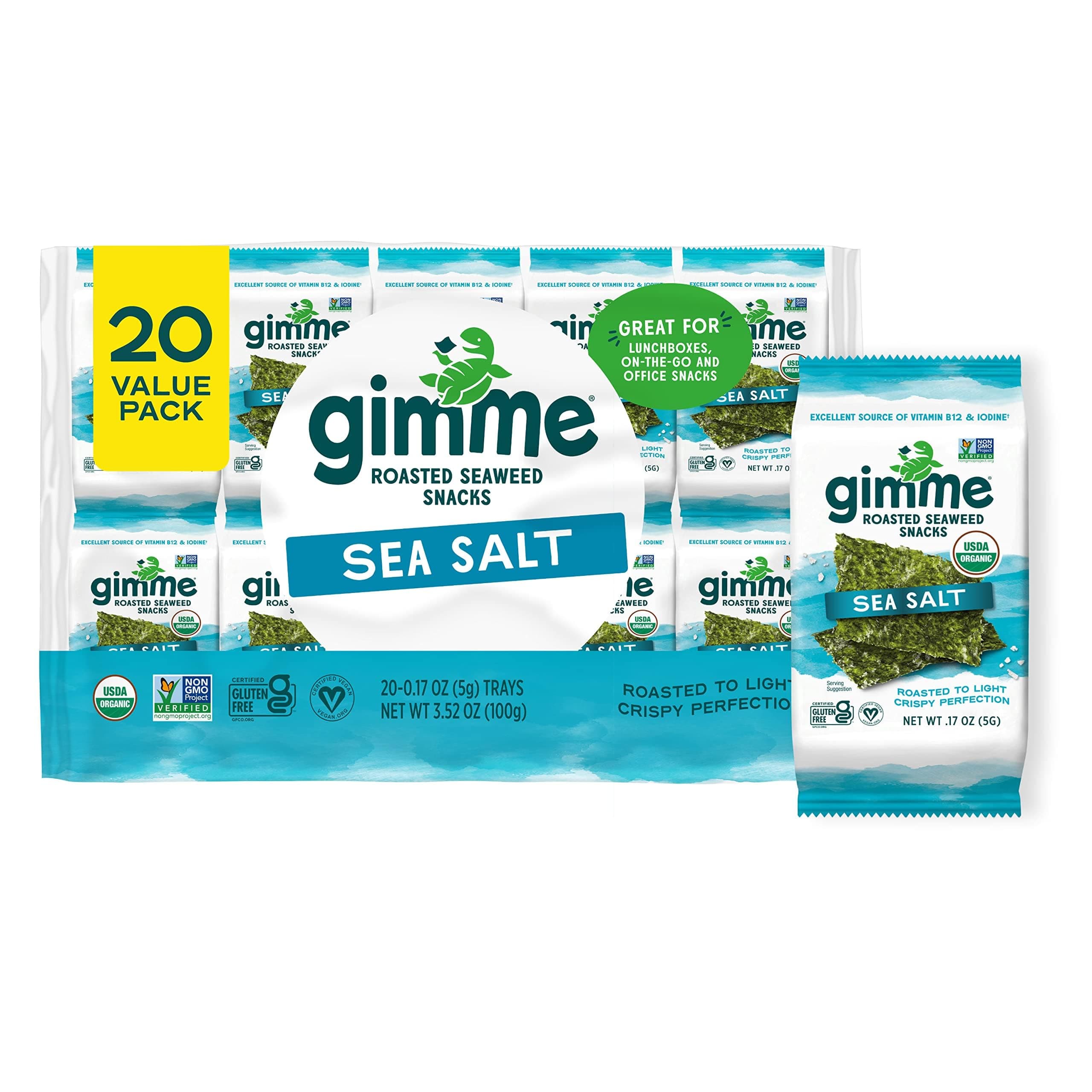 gimMe Snacks - Organic Roasted Seaweed - Sea Salt - (.17oz) - (Pack of 20) - non GMO, Gluten Free - Healthy on-the-go snack for kids & adults