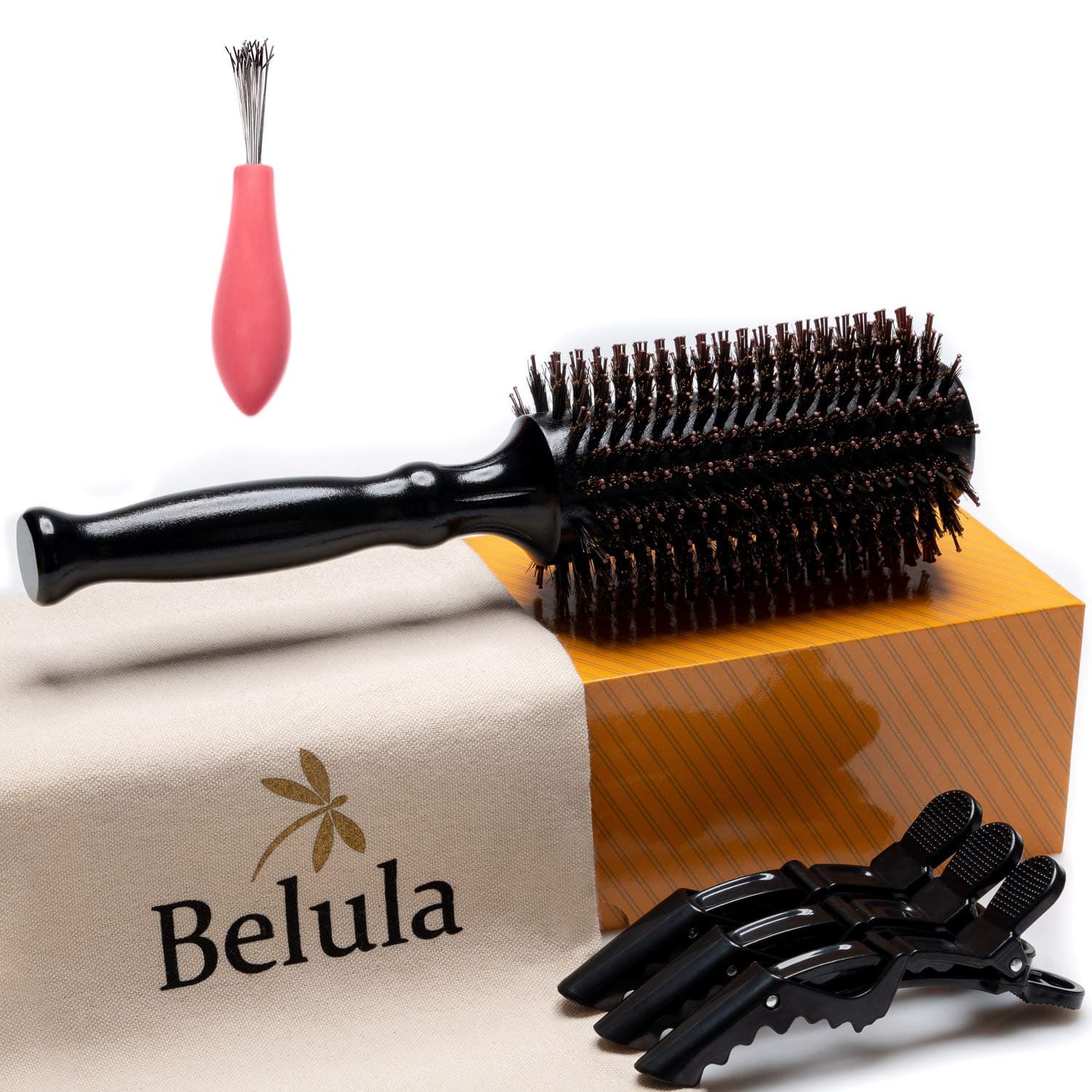 Belula Roll Brush Boar Hair 2.7" Diameter Travel Set - Wooden Hairbrush & Hair Clip & Brush Cleaner & Pouch - (Large Barrel 2.7")
