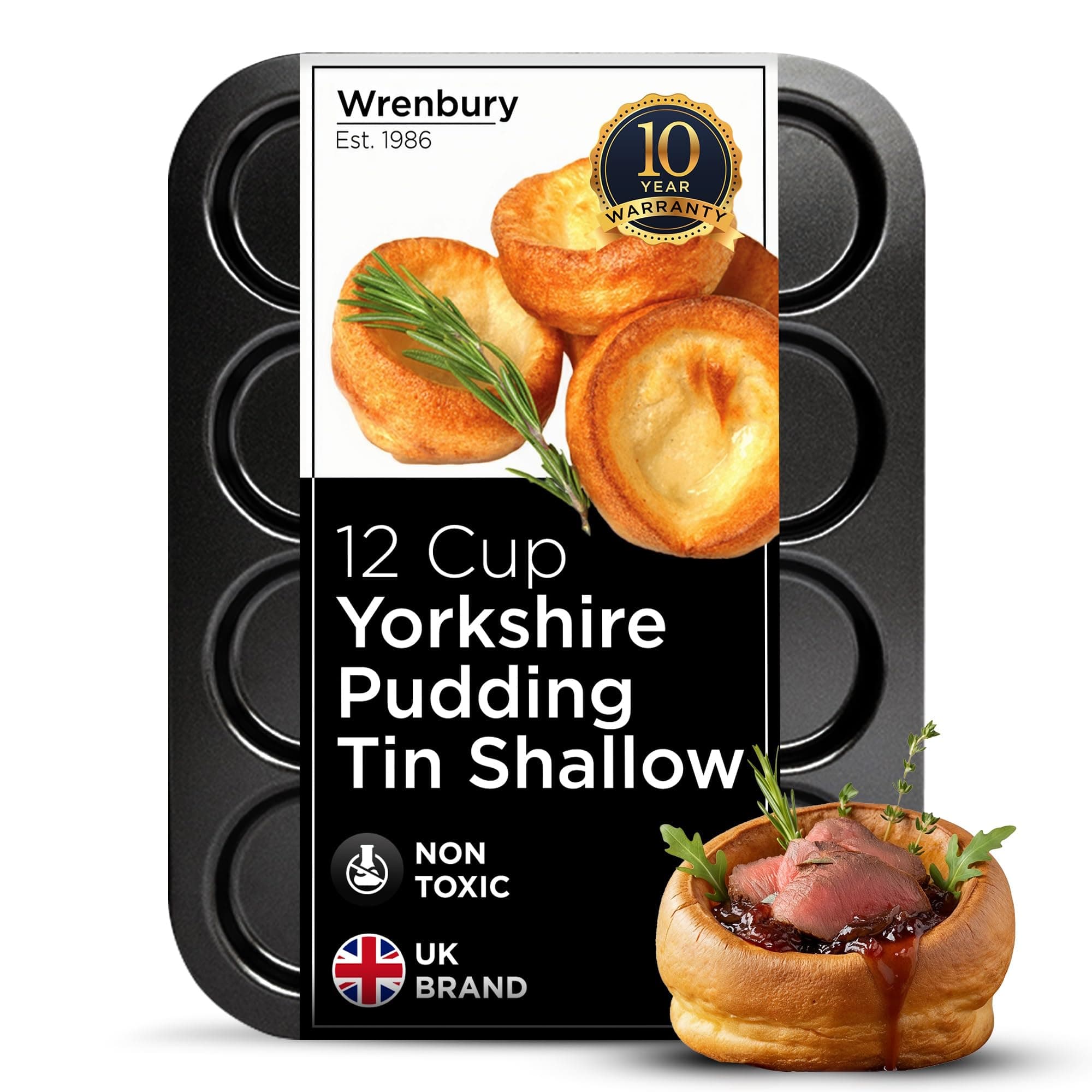 Wrenbury 12 Cup Yorkshire Pudding Tray - Non Stick Heavy Gauge Carbon Steel Baking Tin - Ideal for Smaller Yorkshire Puddings and Toad in The Hole