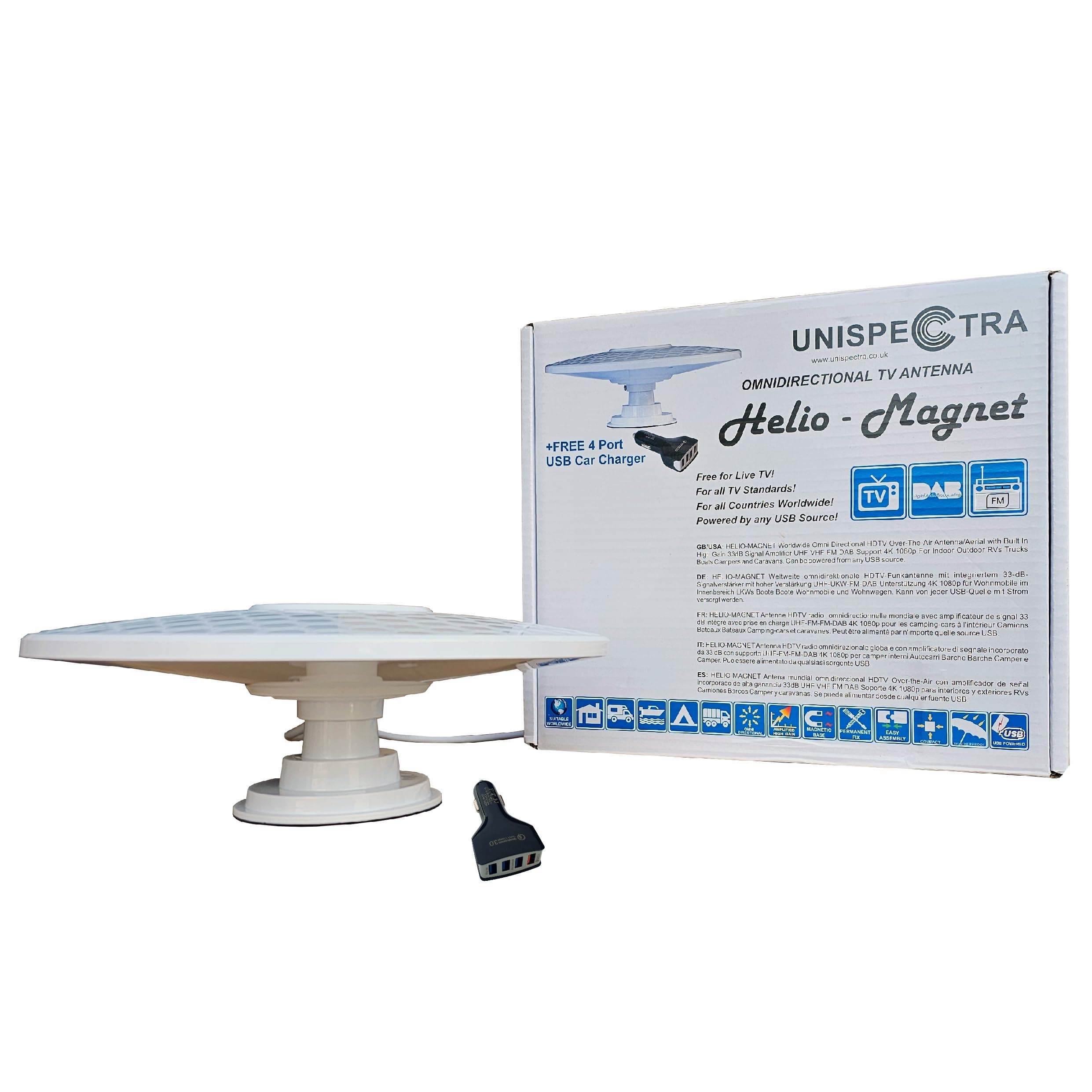 Unispectra Helio-Magnet Long Range 360 Omni-Directional Digital HD TV Antenna 33dB High Gain Booster. UHF FM DAB. Powered by 12V / 24V / 5V USB. Ideal for RV Truck Trailer Camper Caravan Marine by