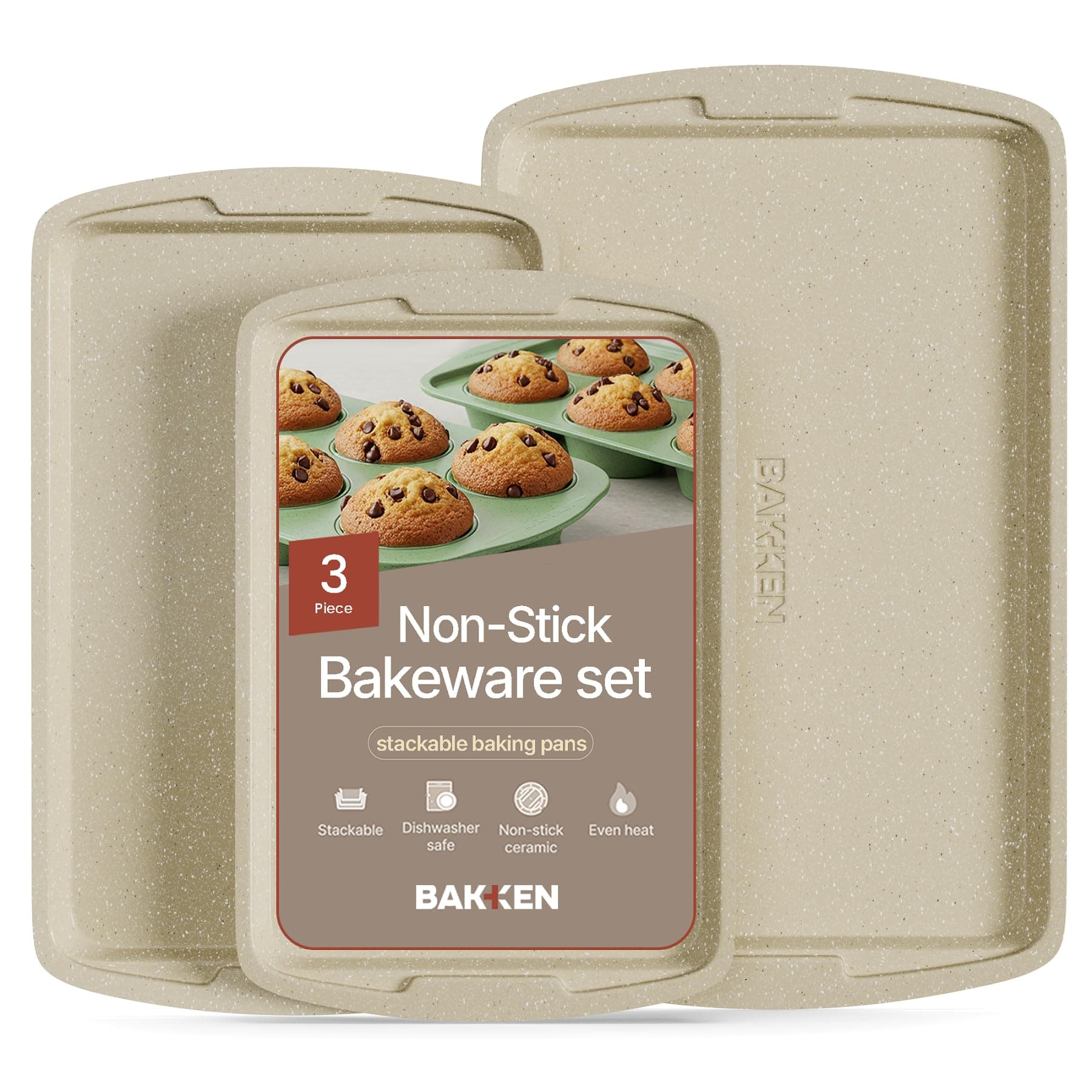 Bakken Swiss Cookie Sheet 3 Piece Set - Non-Stick, Stackable Baking Pans, White marble Deluxe Ceramic Coating – Dishwasher Safe - for Home Baking