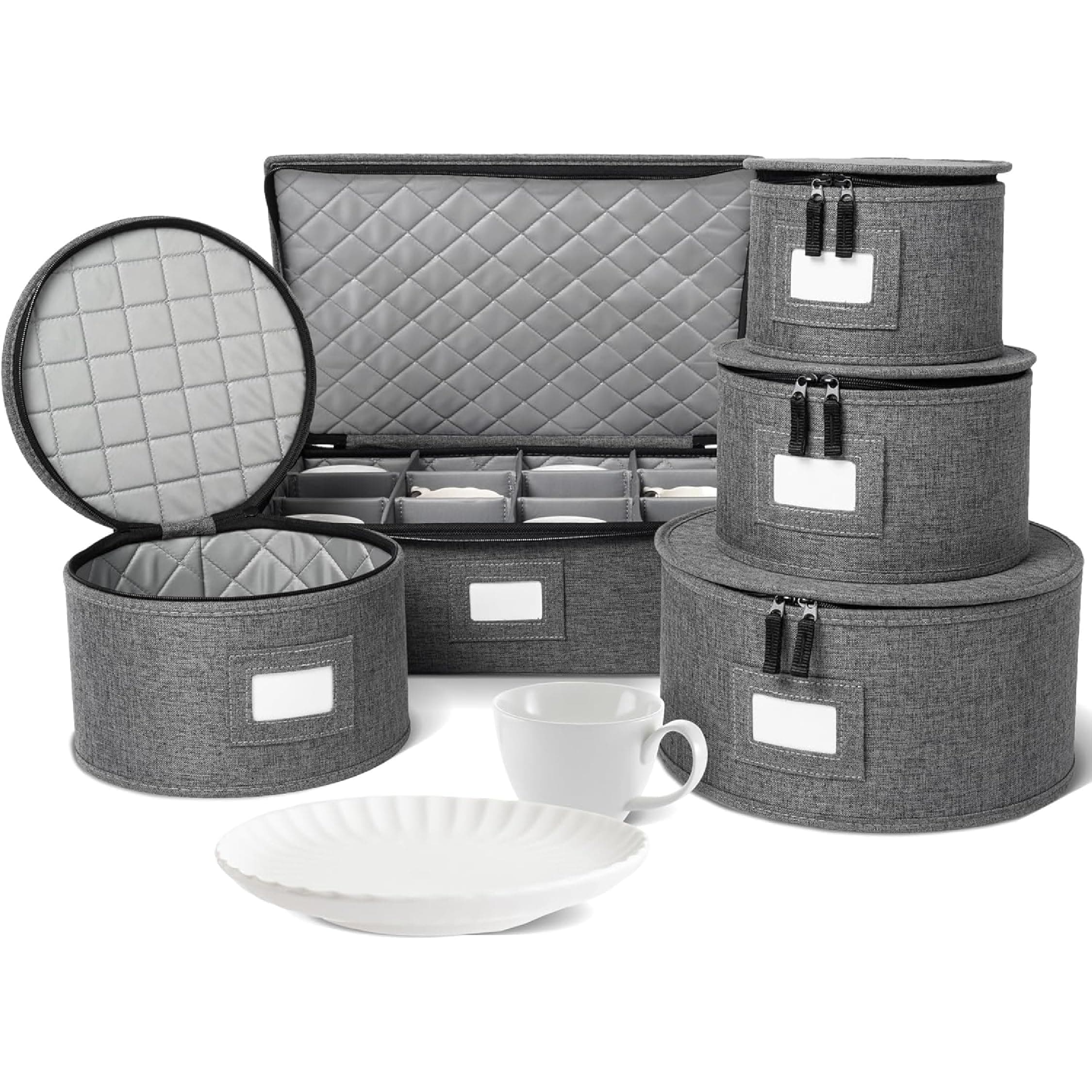 storageLAB China Storage Containers, Hard Shell Case with Felt Dividers for Charger Plates, and Dishes, Ideal for Kitchen Organization, Moving Supplies, and Fine China Storage - 5-Piece Set, Gray