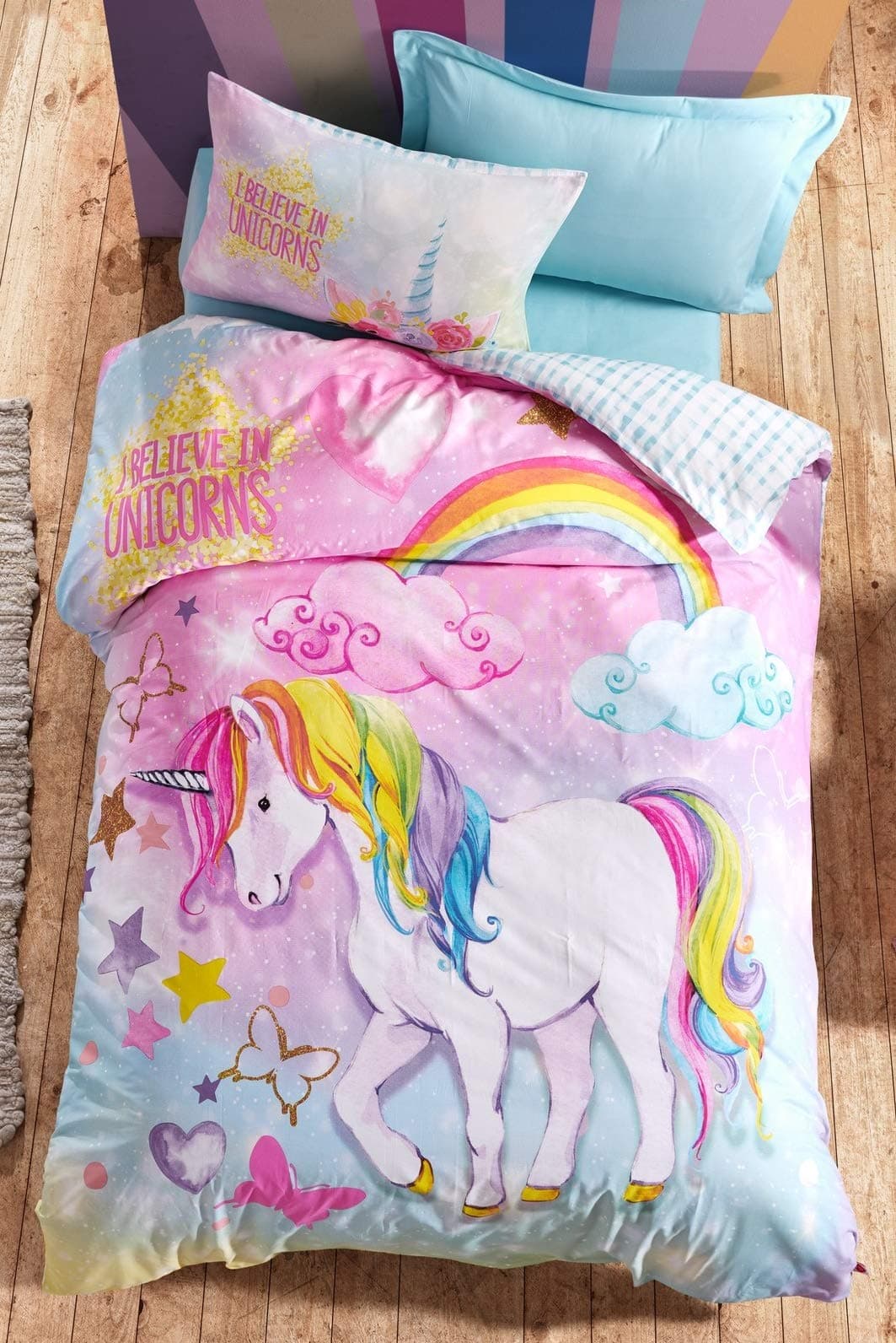 100% Cotton Unicorn Bedding Set, I Believe in Unicorns Themed Single/Twin Size Duvet Cover Set, Girls Bed Set Kids Bedroom (3 Pieces)