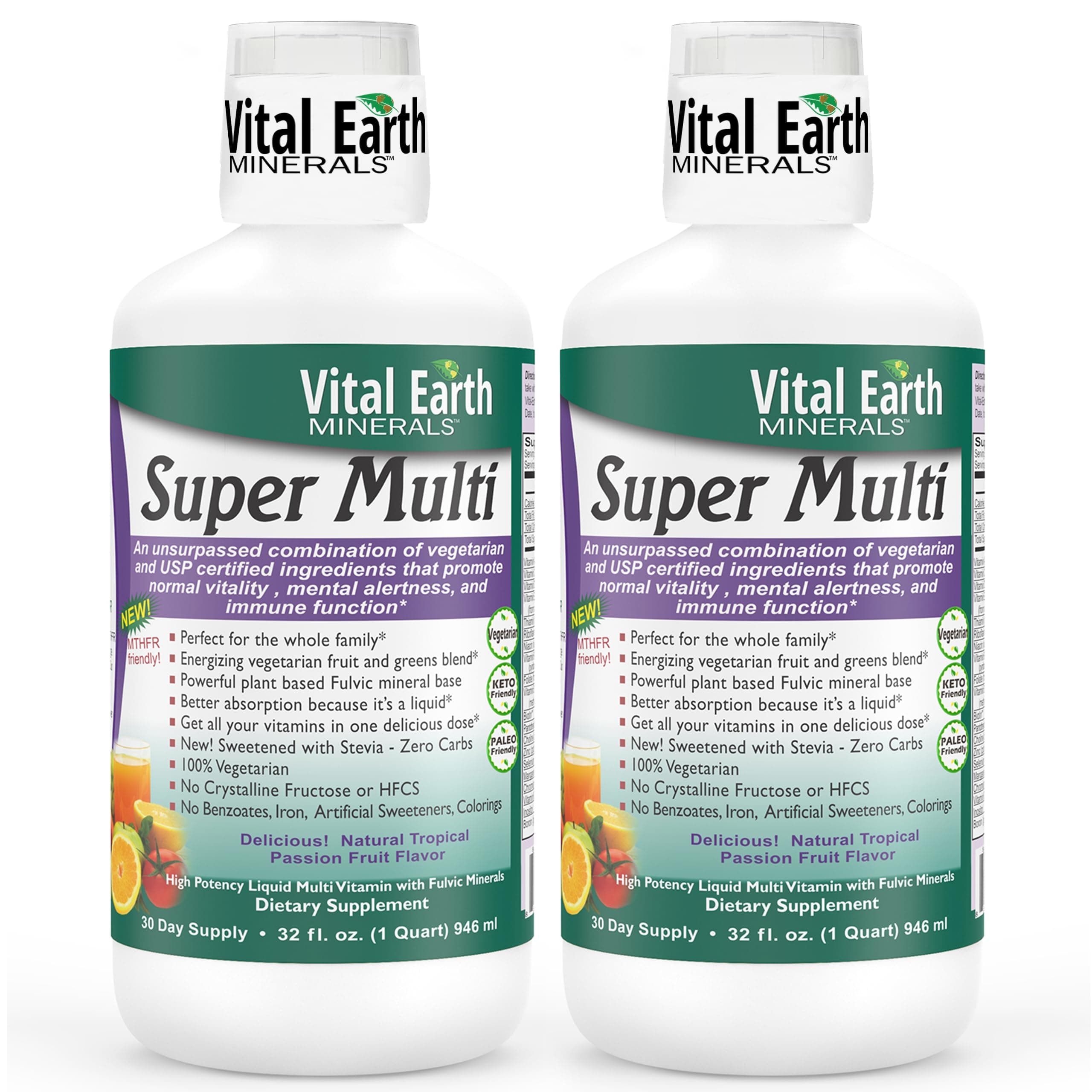 Vital Earth Minerals 2 Pack! Super Multi Liquid Vitamin 32 Fl. Oz. - 1 Month Supply Each- High Potency - Sugar Free - Iron Free - MTHFR Friendly- Liquid Multivitamin with Ionic Fulvic