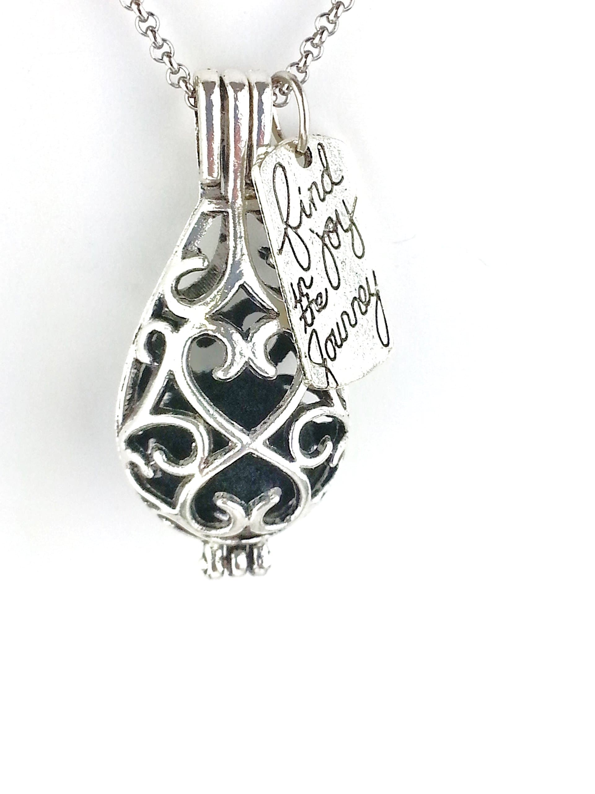 Earth in Wire Filigree Teardrop Essential Oil Diffuser Necklace, Large Aromatherapy Necklace with Find the Joy charm and 18 inch chain and 3 poms included.
