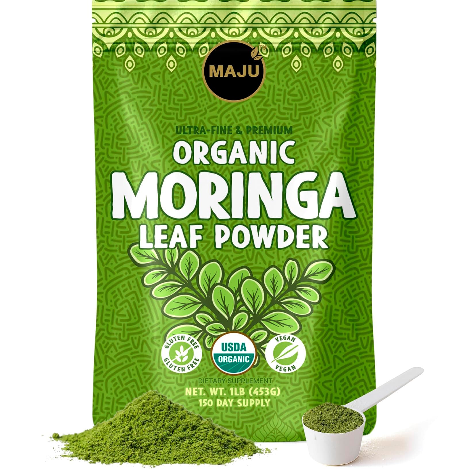 MAJU's Organic Moringa Powder (1 Pound), Oleifera Leaf, Extra-Fine Quality, Dried Drumstick Tree Leaves, For Tea, Smoothies, Food-Grade