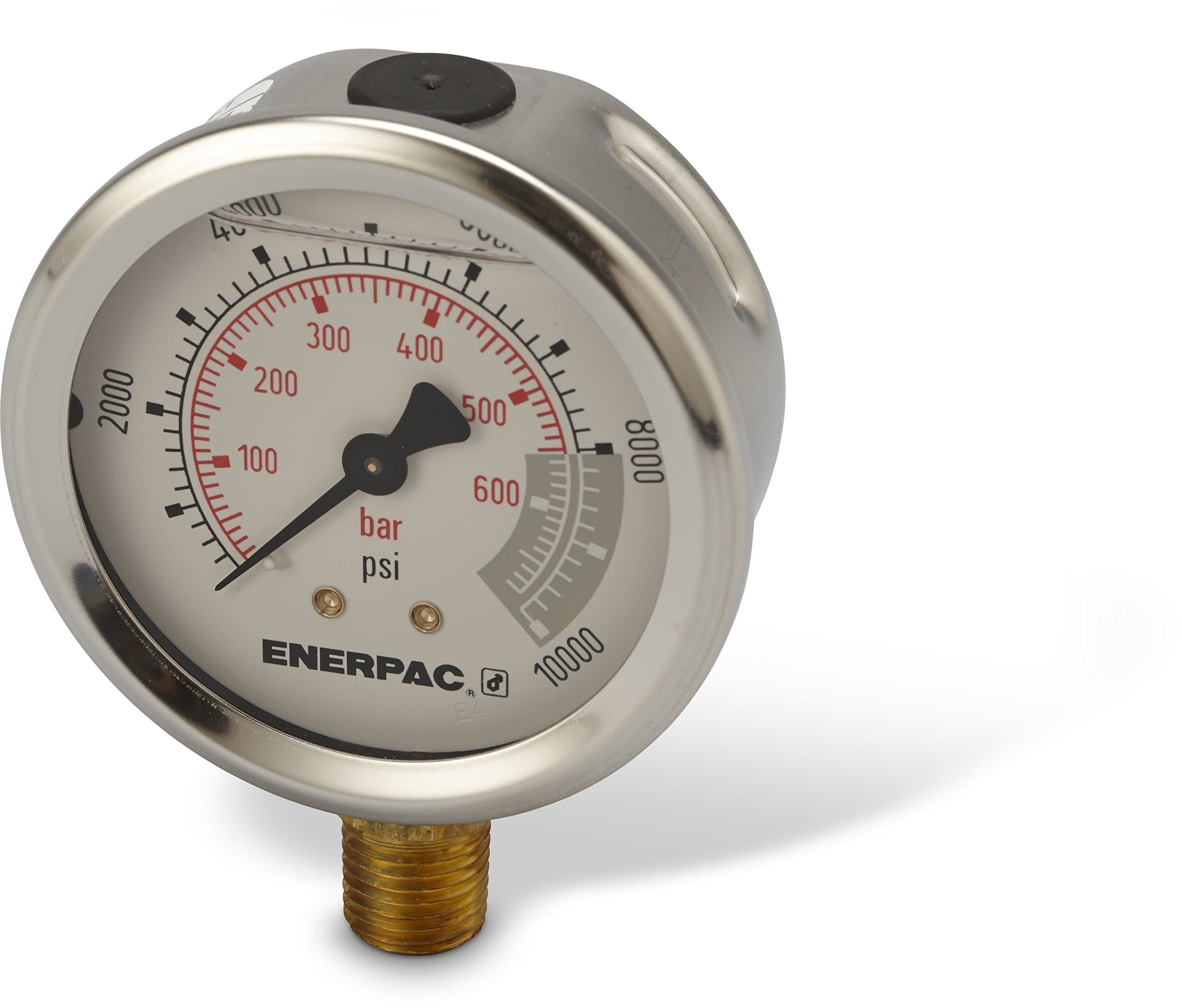 Enerpac G2535L Hydraulic Pressure Gauge with Dual 0 to 10,000 PSI and 0 to 700 Bar Range, 2-1/2-Dia. Face, 1/4 NPTF Male, Lower-Mount Connection