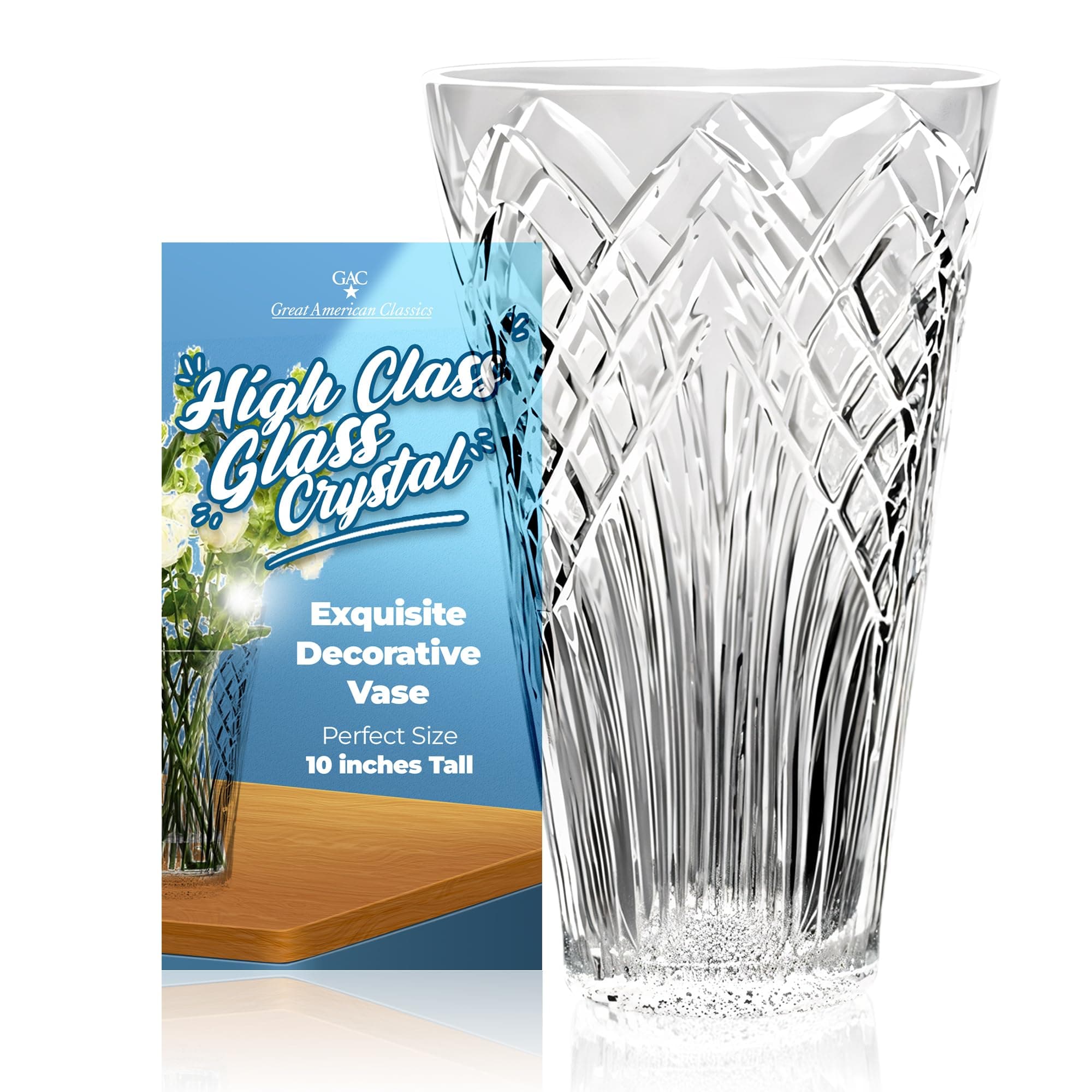 GAC Mouth-Blown Crystal Flower Vase - 10" Elegant Decorative Centerpiece for Table, Dining, Home Decor, & Weddings. Ideal for Floral Arrangements, Modern Crystal Design, Glass Vase for Living Room