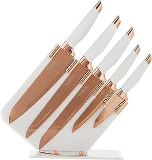 Tower T81532RW Damascus Effect Kitchen Knife Set with Stainless Steel Blades and Acrylic Stand, Rose Gold/White, 5 Piece