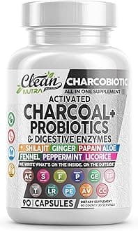 - Activated Charcoal Pills for Gas Relief and Debloat, CharcoBiotic with Probiotics Digestive Enzymes Shilajit Peppermint Fennel Ginger Turmeric Licorice Root Aloe Vera Ceylon Cinnamon, Clean Nutra 90ct