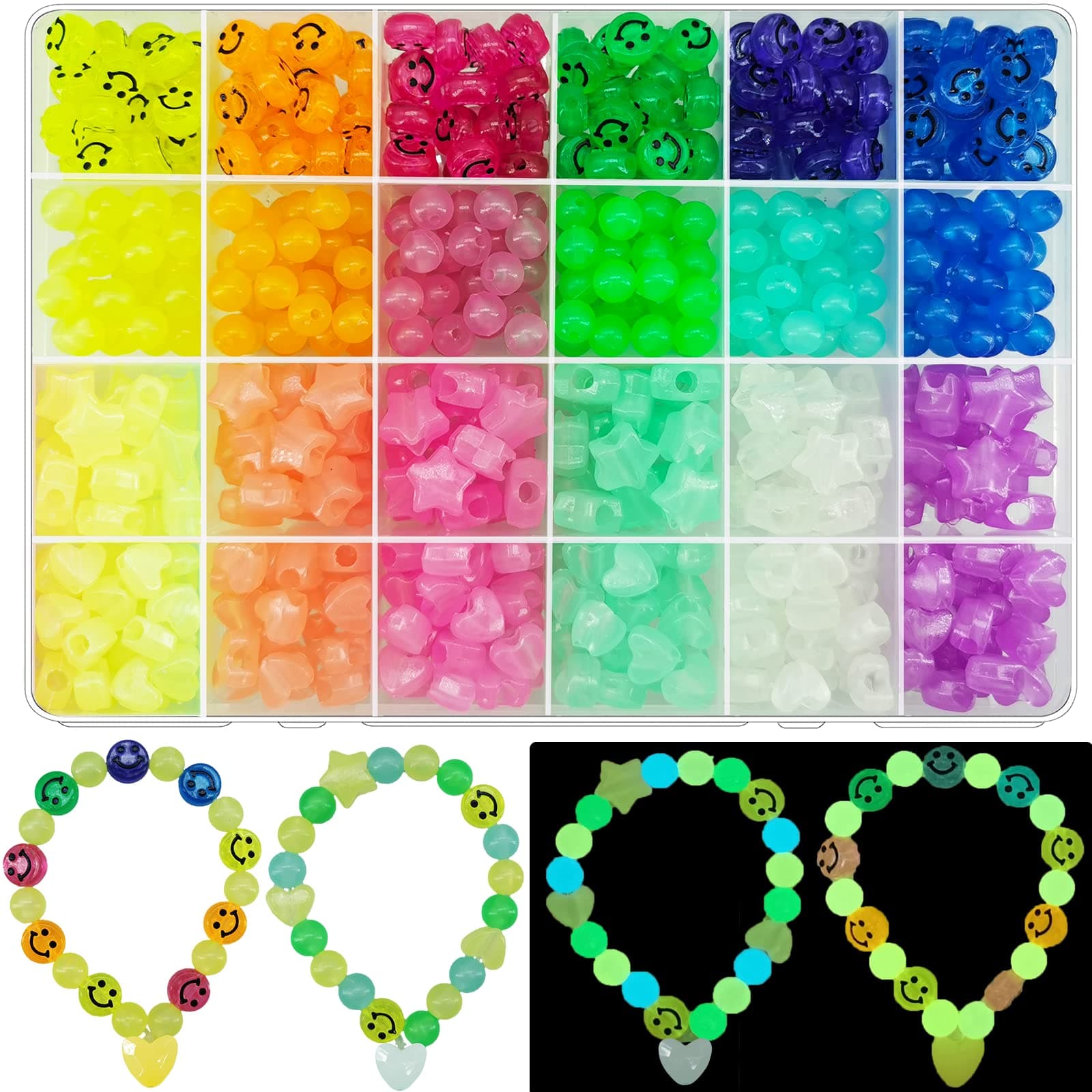 612Pcs Candy Color Acrylic UV Glow in The Dark Beads - Happy Face, Heart, Star Shapes - Color Changing Sun Reactive Plastic Solar Hair Beads Bulk for Bracelet Necklace Jewelry Making