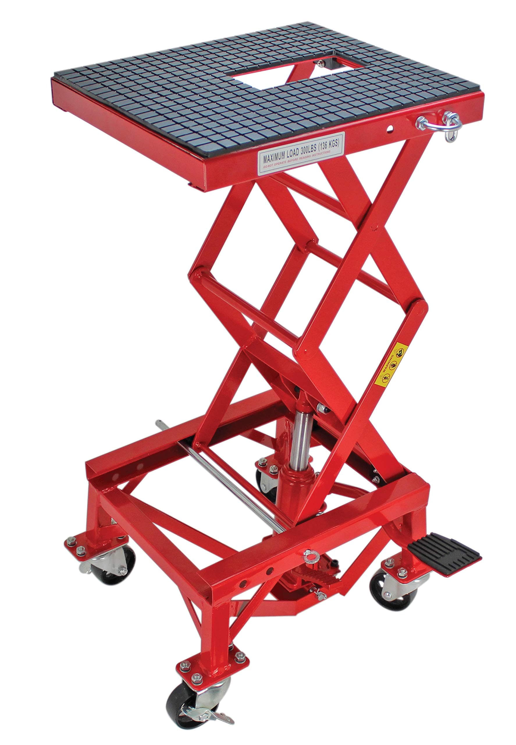 Extreme Max 5001.5083 Ultra-Stabile Hydraulic Motorcycle Lift Table with Foot Pad Lift Function - Raises Bikes from 13.25" to 34", 300 lbs. Weight Capacity, Red