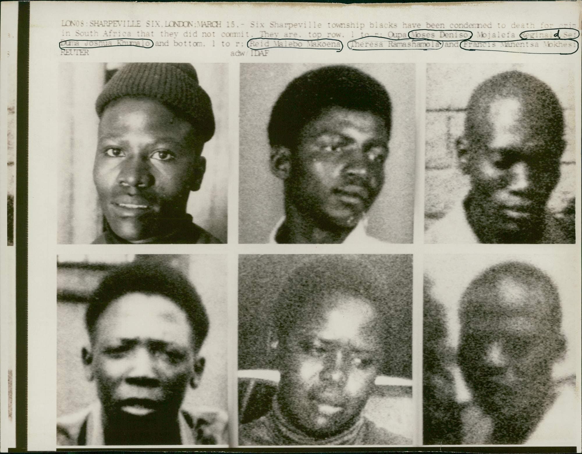 Vintage photo of Sharpeville Six: Theresa Ramashamola, Oupa Diniso, Reginald Sefatsa, Reid Mokoena, Francis Mokgesi and Duma Khumalo.
