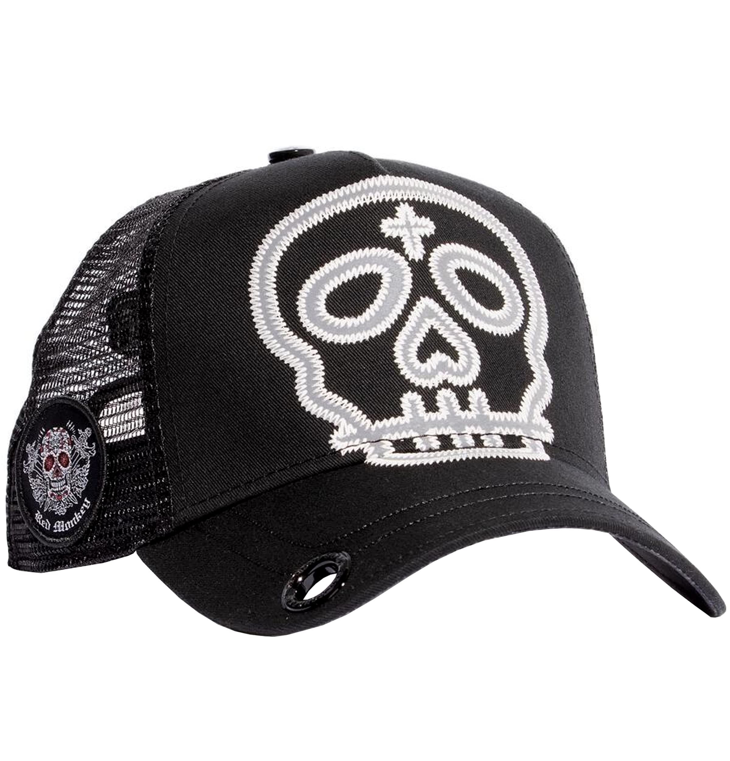 Red Monkey DesignsStreet Skull Black RM1410 Limited Edition Fashion Unisex Mesh Trucker Snapback Hat Cap, Black, One size