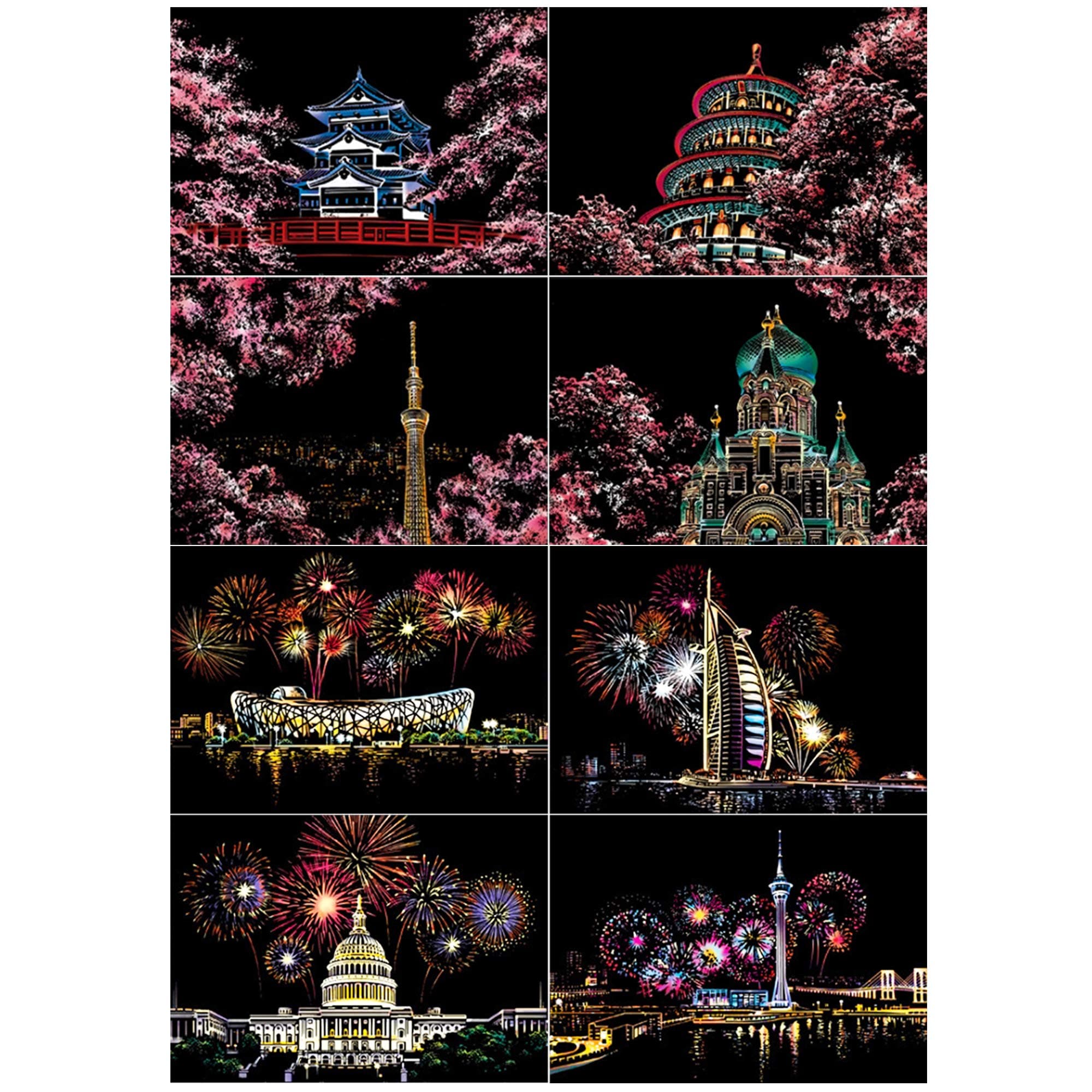 SiYear Scratch Paper Rainbow Painting Sketch, City Series Night Scene,Scratch Painting Creative Gift,Scratchboard for Adult with 4 Tools(Fireworks + Cherry Blossoms Series)