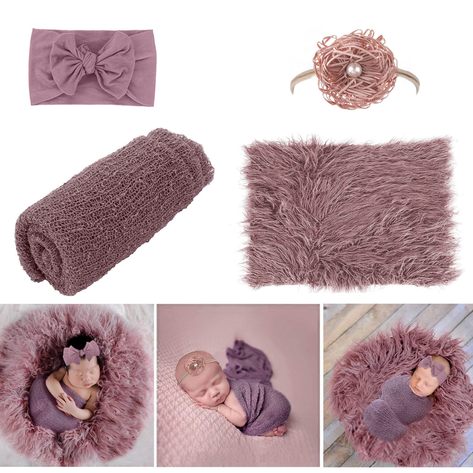 AOKE Newborn Photography Props - 4 PCS Baby Photo Props Long Ripple Wraps,DIY Fur Blanket,Headbands,Purple Toddler Wraps Mat Photoshoot Props Set Suitable for Infant Boys Girls(0-6 Months)