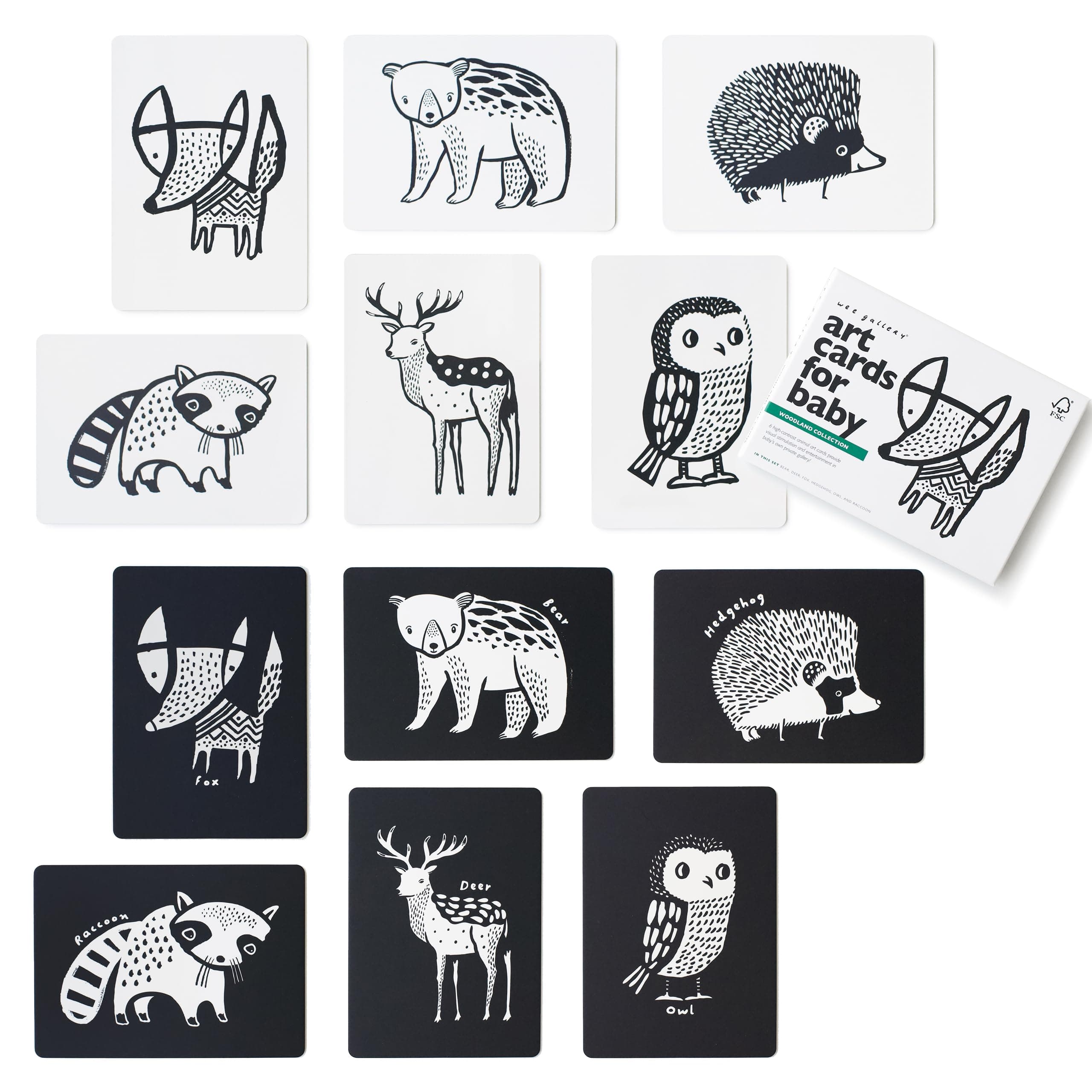 Wee Gallery Art Cards for Baby, Durable High Contrast Black and White Animal Flashcards for Newborns, Brain Development, Sensory Toys, Tummy Time Essentials for Infant and Toddler - Woodland Animals