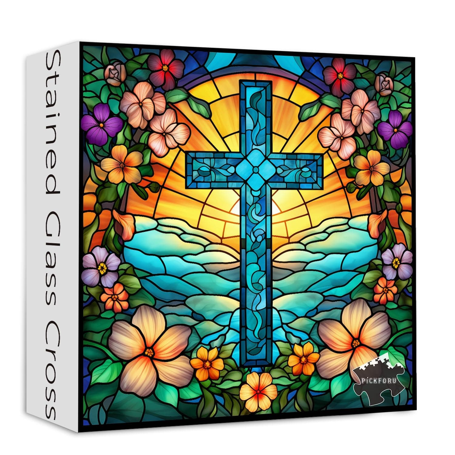 Cross Stained Glass Jigsaw Puzzles for Adults, 1000+ Pieces, PICKFORU Christian Puzzles with Colourful Flowers, Religious Puzzle as Unique Gifts