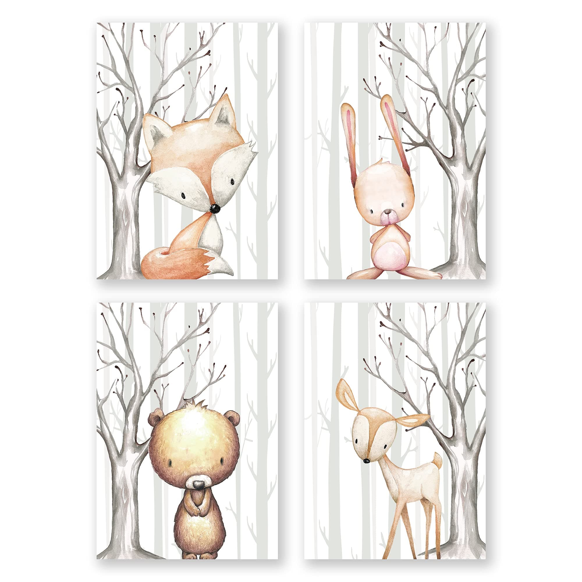 Woodland Animal Nursery Prints Set of 4, Baby Forest Animals Pictures, Nursery Wall Art, Bear Bunny Fox Deer, Unframed Posters, (A4 (21 x 29.7cm))
