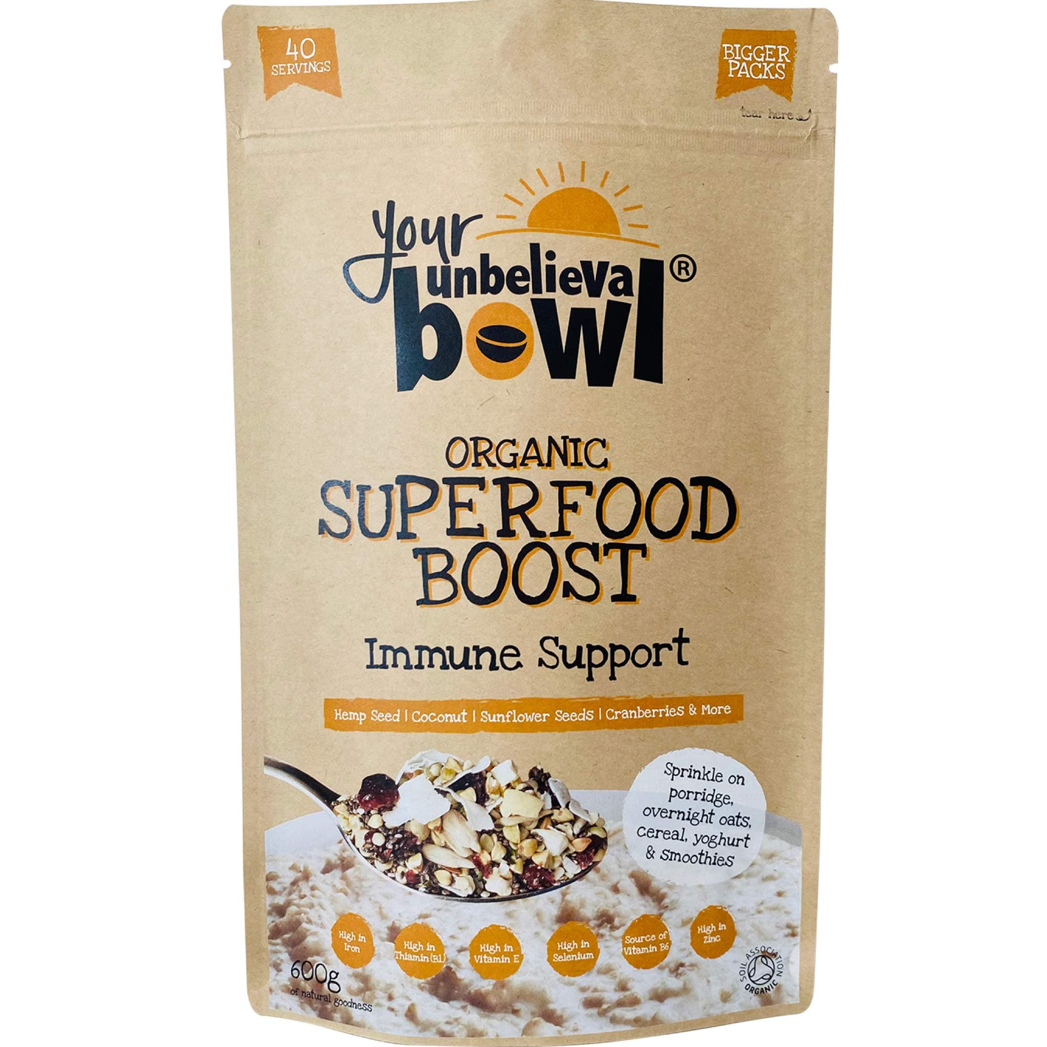 Organic Superfood Boost (Immune Support) 600g, 40 Servings, 45p Per Serving, Gluten Free, Chia, Hemp & Sunflower Seeds, Buckwheat, Coconut, Cranberries, Cashews, Cinnamon