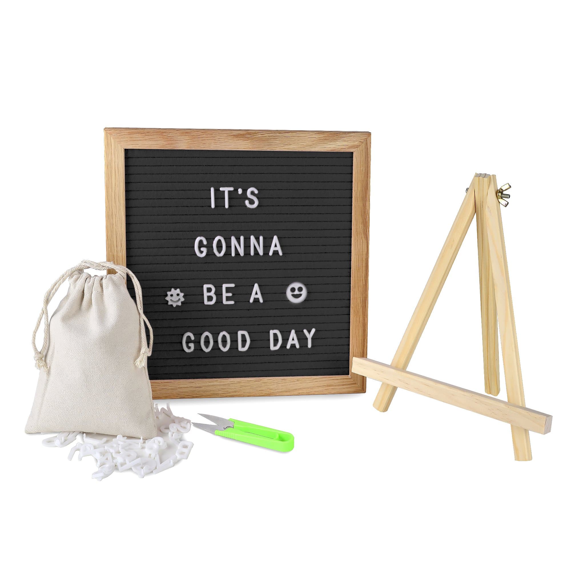 Oak Felt Letter Board 10x10 Inches, Premium Frame, Stand, 340 Characters, Canvas Bag, Wall Mount, Bonus Scissor 1010 Board is Perfect for Inspirational Quotes