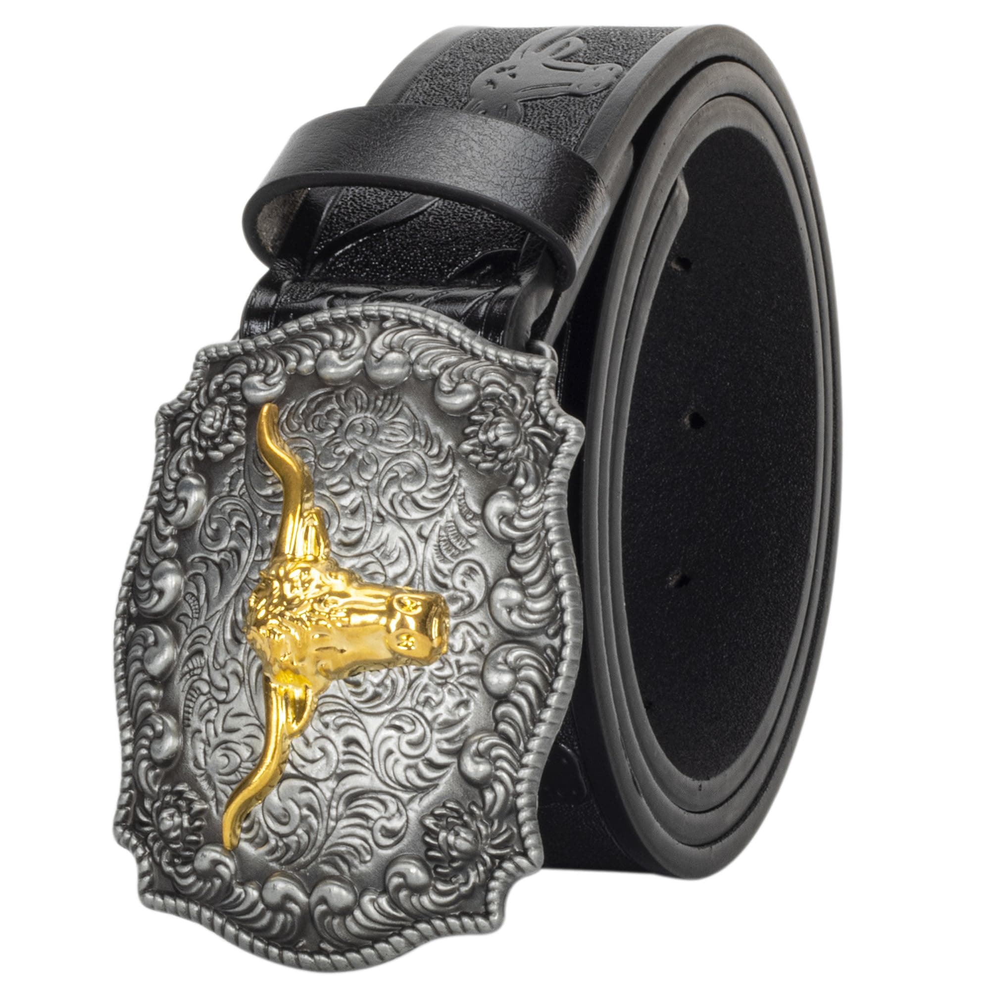 MawjomMawjom Western Cowboy PU Leather Belt - Men Waist Strap Bull Decoration Floral Engraved for Jeans 25'' to 38'' Waist'