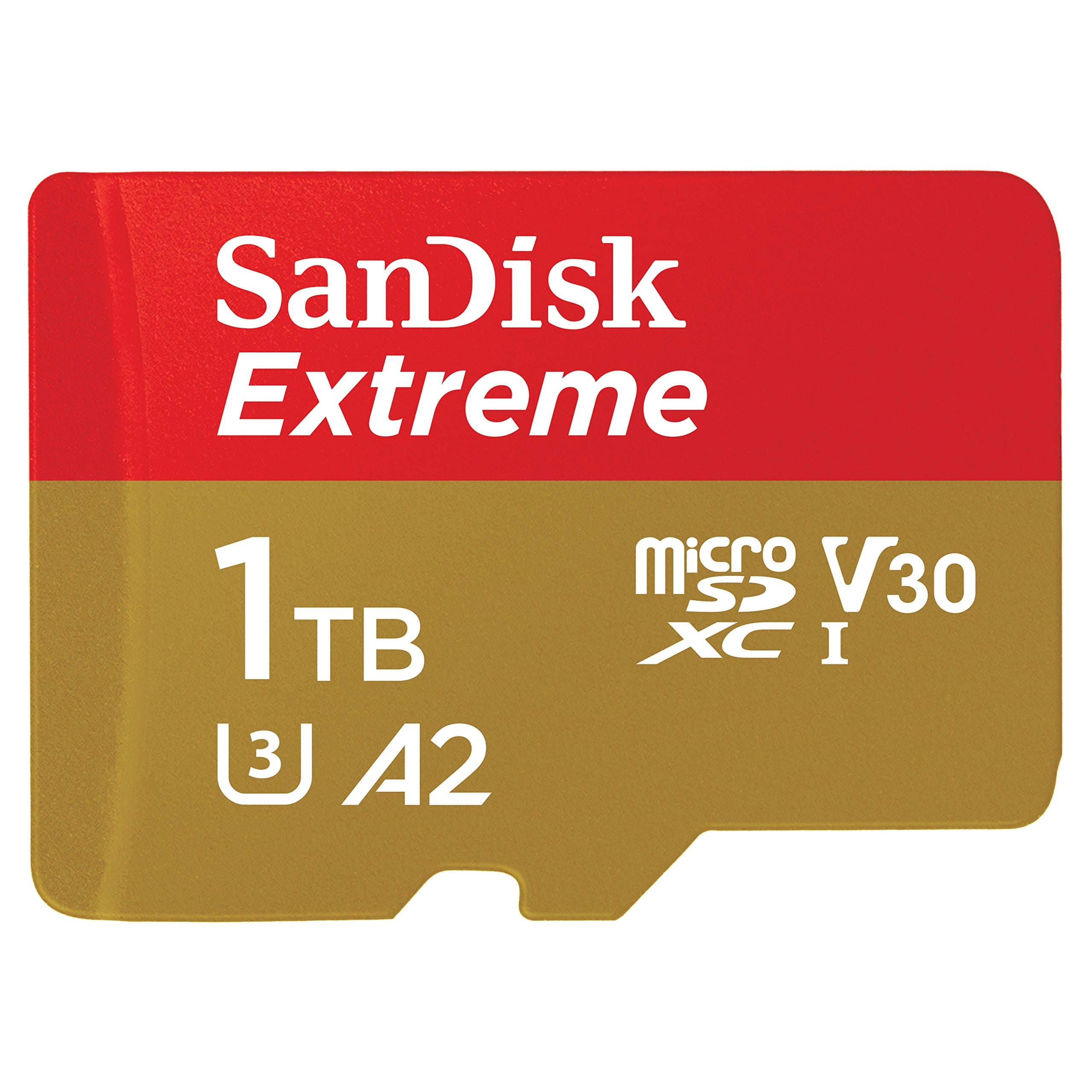 1TB Extreme microSD UHS I Card for 4K Video on Smartphones, Action Cams & Drones 190MB/s Read, 130MB/s Write SDSQXAV 1T00 GN6MN, Red/Gold