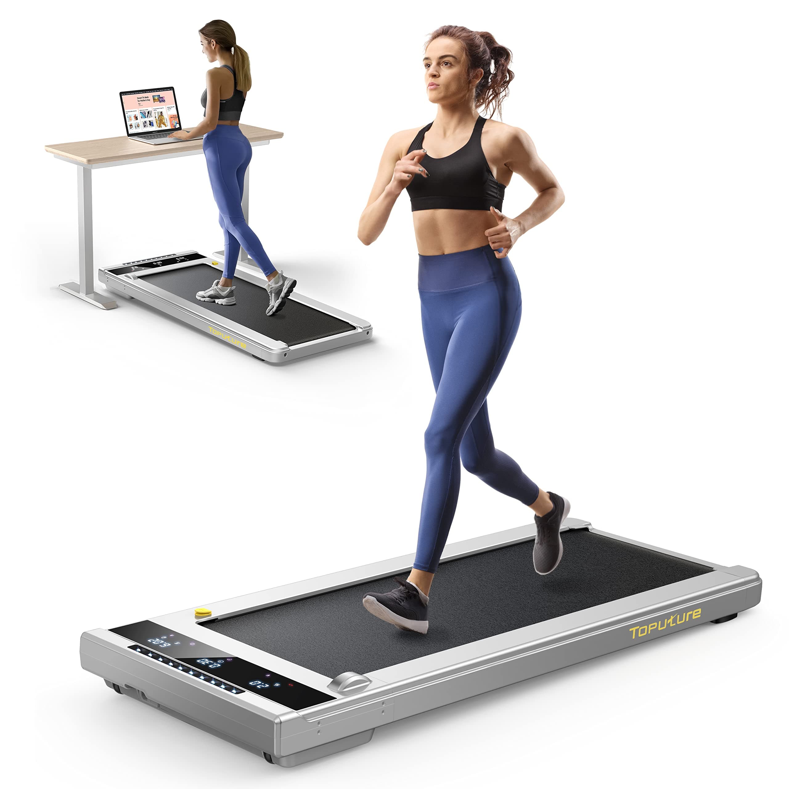 Toputure Walking Pad Treadmill, Under Desk Treadmill, 1-10km/h Treadmills for Home, 2 in 1 Portable Walking Pad, LED Display, Bluetooth App and Remote Control, No Installation