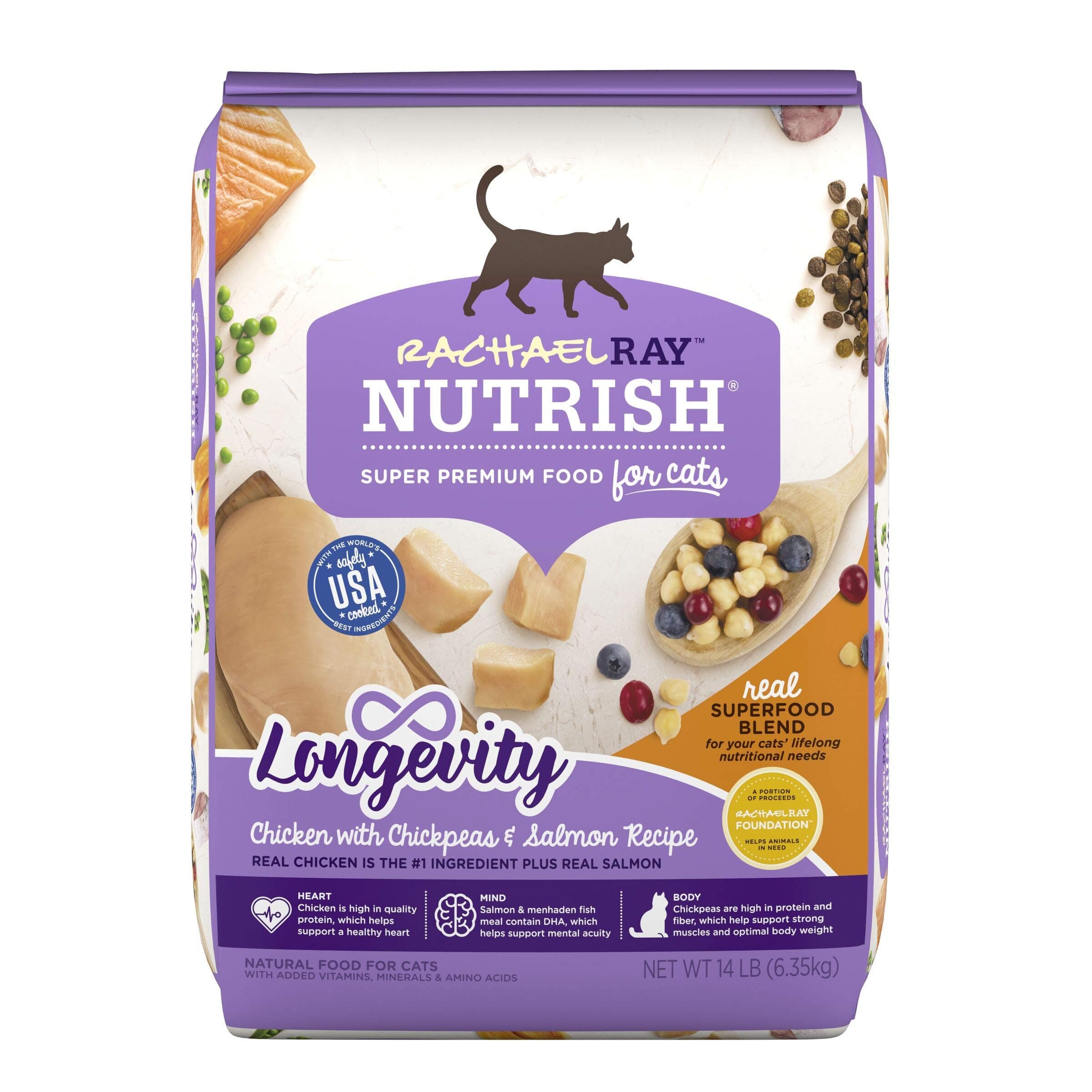 Rachael Ray Nutrish Longevity Premium Natural Dry Cat Food, Chicken with Chickpeas & Salmon Recipe, 14 Pounds (00071190001474)