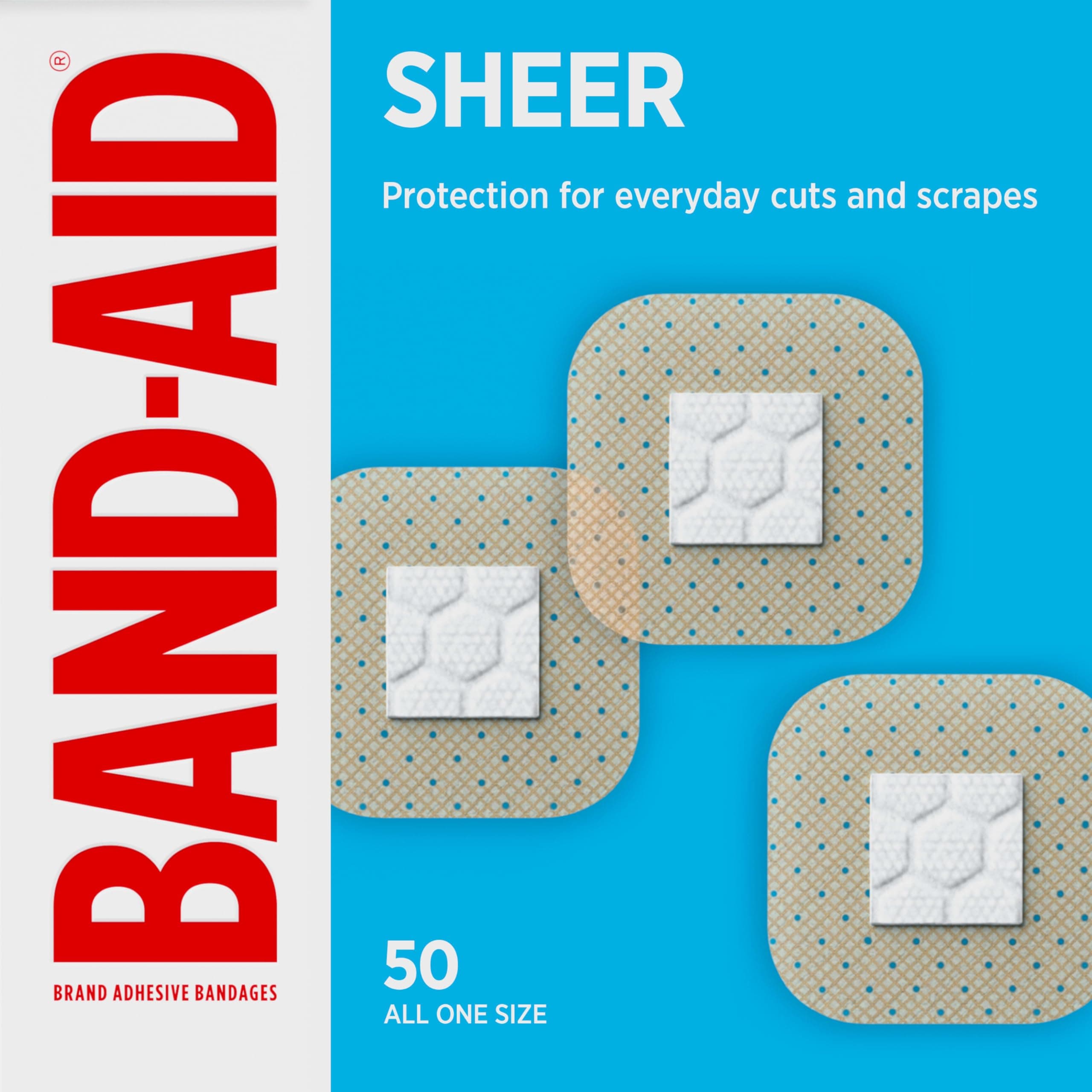 Brand Sheer Spots Adhesive Small Square Bandages, Sterile, Individually Wrapped Discreet First Aid & Wound Care for Minor Cuts & Scrapes, Quilt-Aid Comfort Pads, One Size, 50 ct