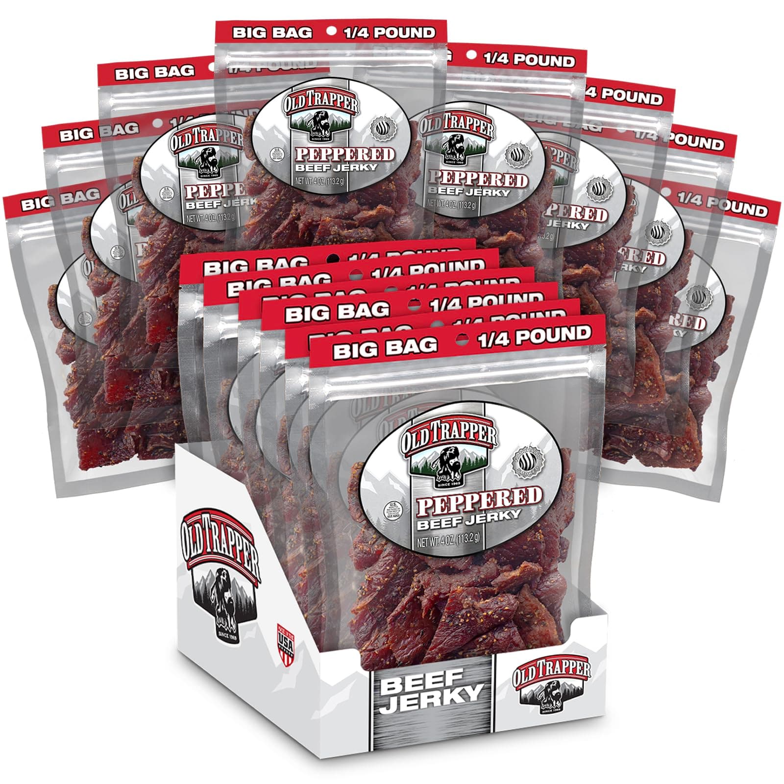 Beef Jerky, Peppered 1/4-Pound Individual Package, Spicy Meat Snacks for Lunches or Between Meals, 11 Grams of Protein, Zero Grams of Fat, 70 Calories per Serving (Pack of 8)