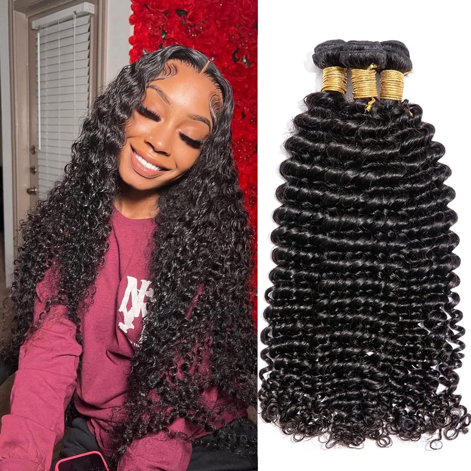 Deep Wave Bundles 10A Deep Wave Human Hair Bundles (18 20 22 Inch) Wet and Wavy Bundles Virgin Hair Bundles 100% Unprocessed Brazilian Deep Wave Bundles Human Hair Natural Black