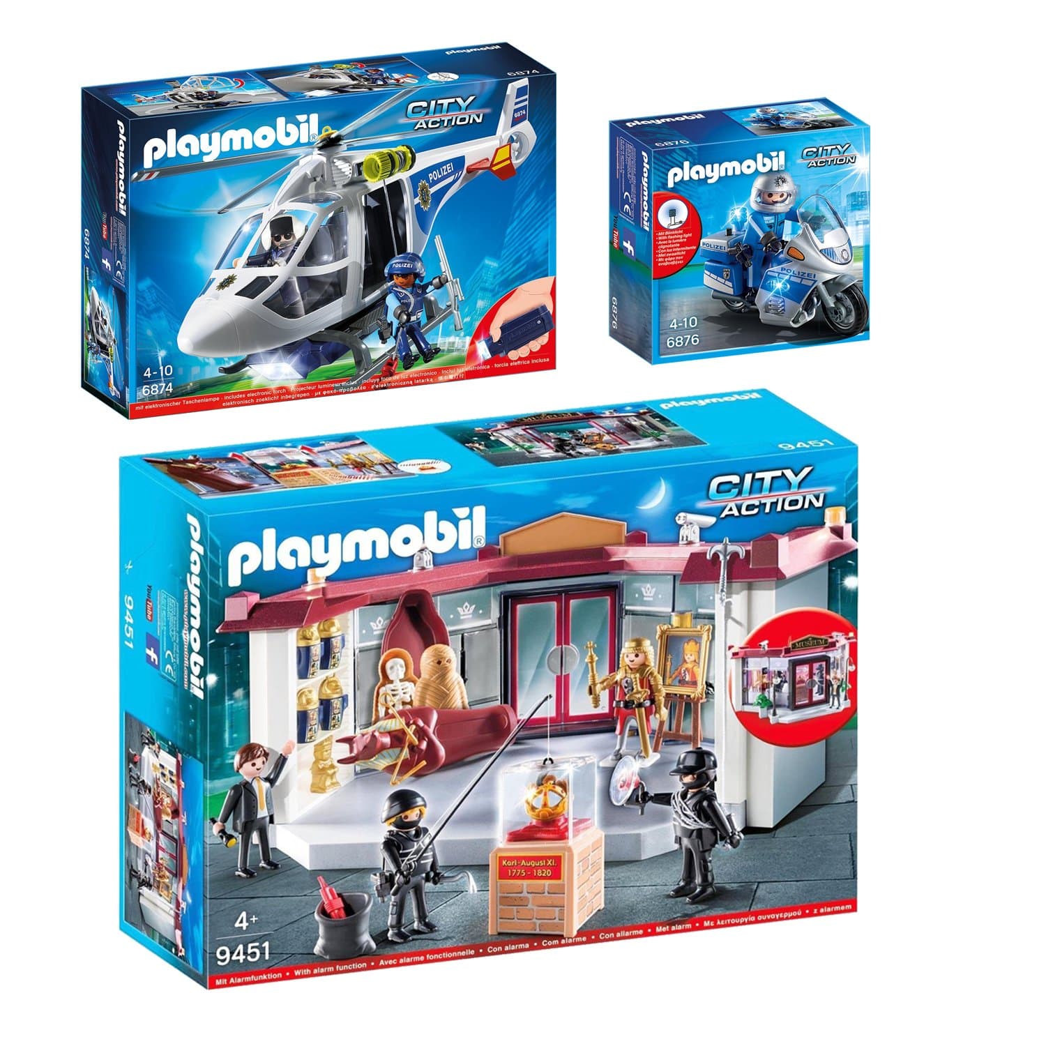 PLAYMOBIL® City Action 3 pcs. Set 6874 6876 9451 Police Helicopter with LED Searchlight + Motorcycle patrol with LED lamp + Museum robbery