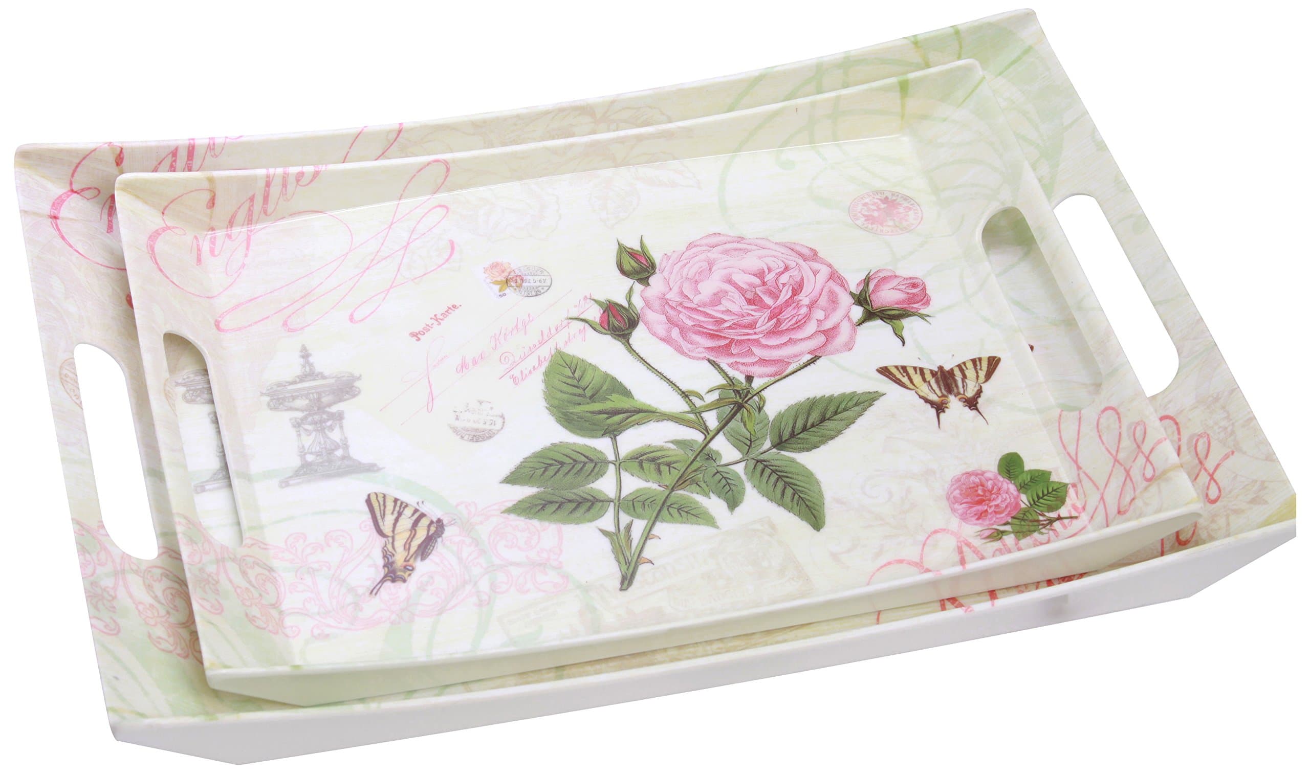 , Rose 2 Piece Melamine Double Handle Tray Set