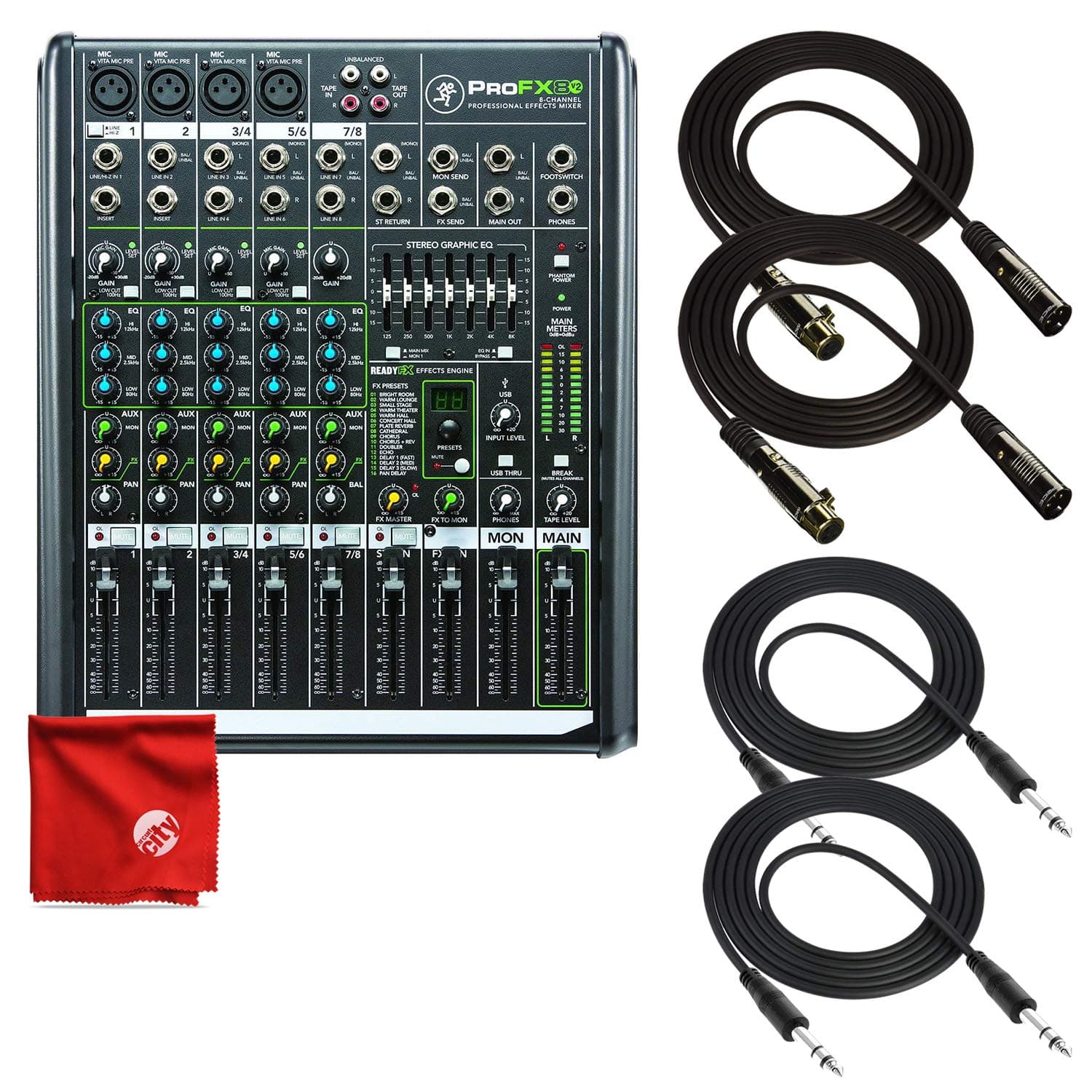 Mackie PROFX8V2 8-Channel Compact Mixer with Effects Bundle Including + 2X TRS Cables + 2X XLR Cables + Microfiber Cleaning Cloth