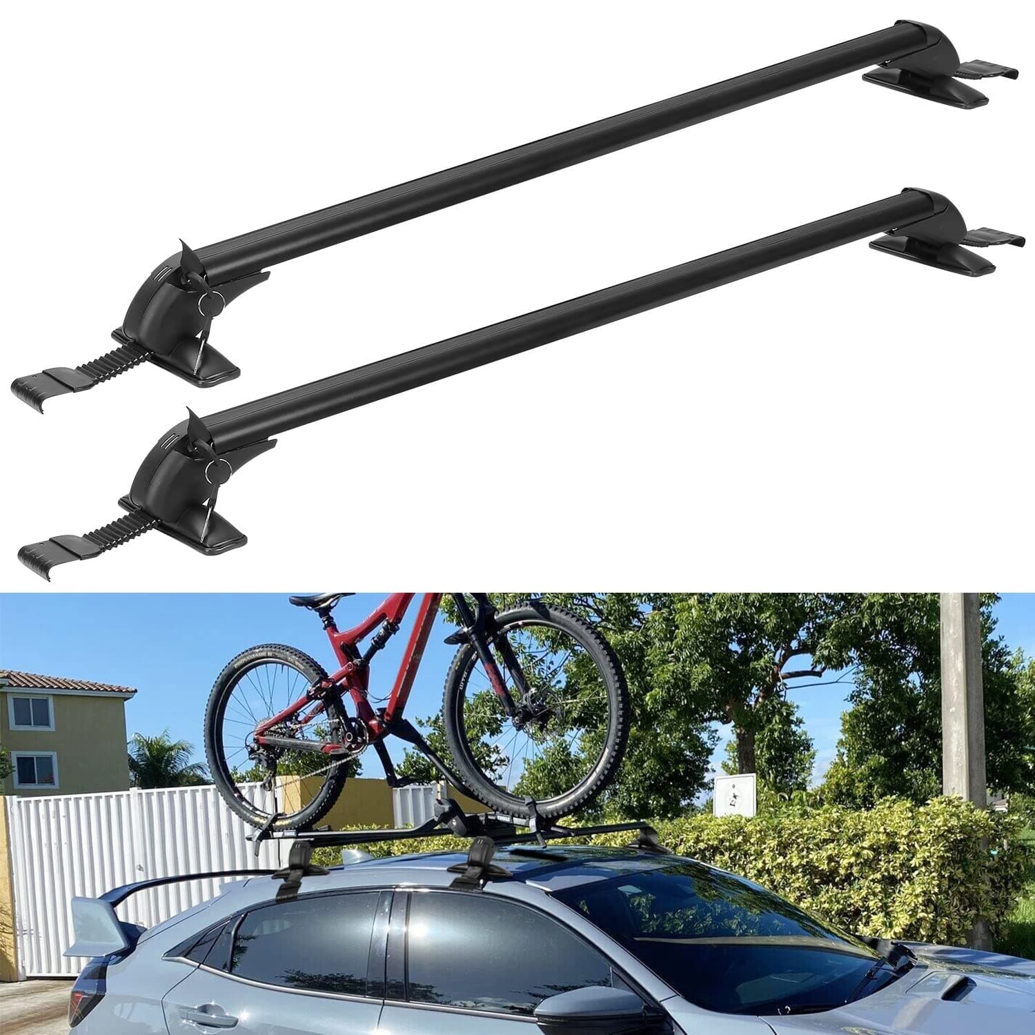 MocleverCar Roof Rack Cross Bar with Anti-Theft Lock Adjustable Window Frame for Bike Kayak Cargo Luggage, Distance Between The Rain Gutters is 42.91in to 44.88in(2PCS)