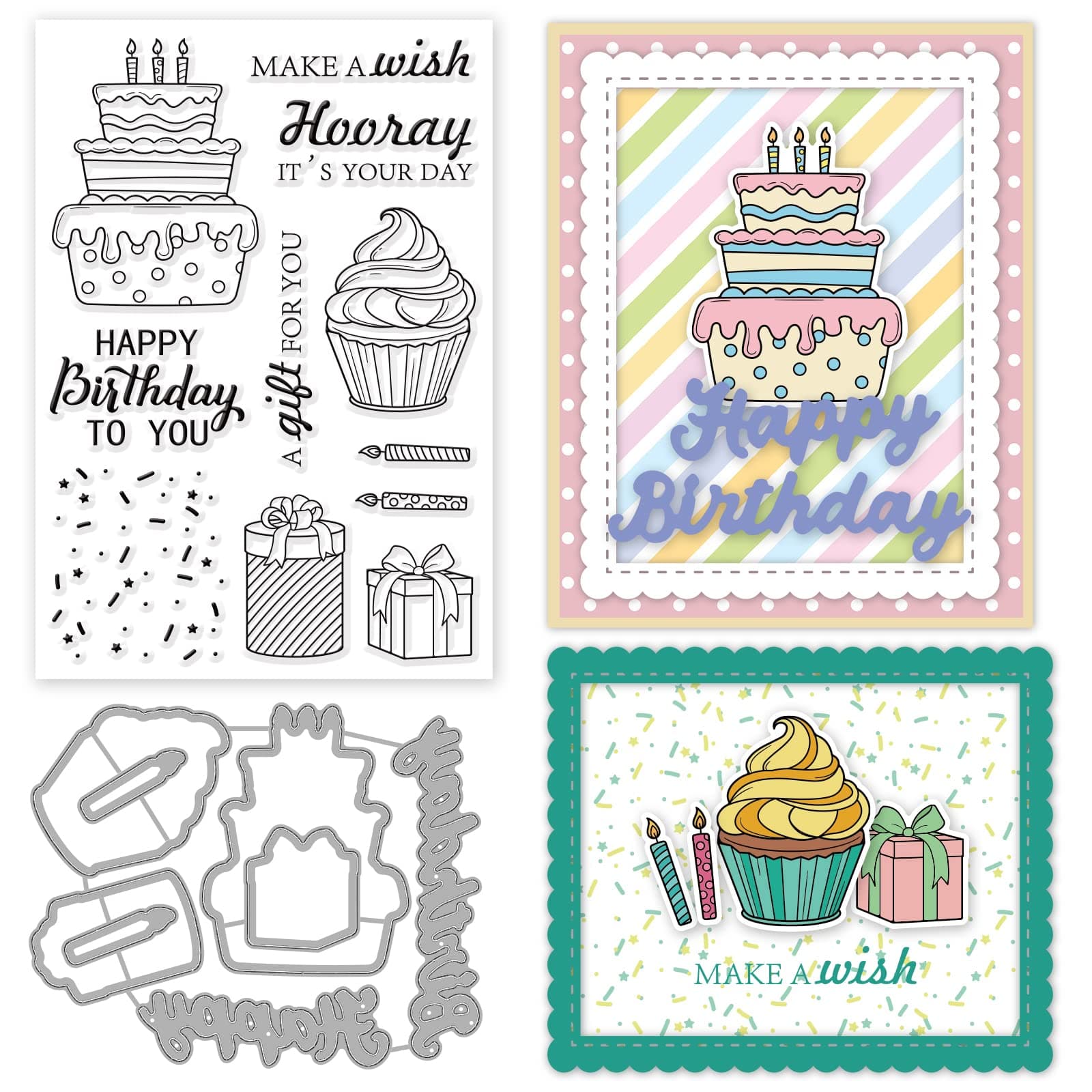 INFUNLY Happy Birthday Stamp and Die for Card Making Congratulation Die Cut Cake Silicone Stamp Metal Die Cuts Candles Banner Transparent Rubber Stamps for DIY Scrapbooking Paper Photo Album Decor