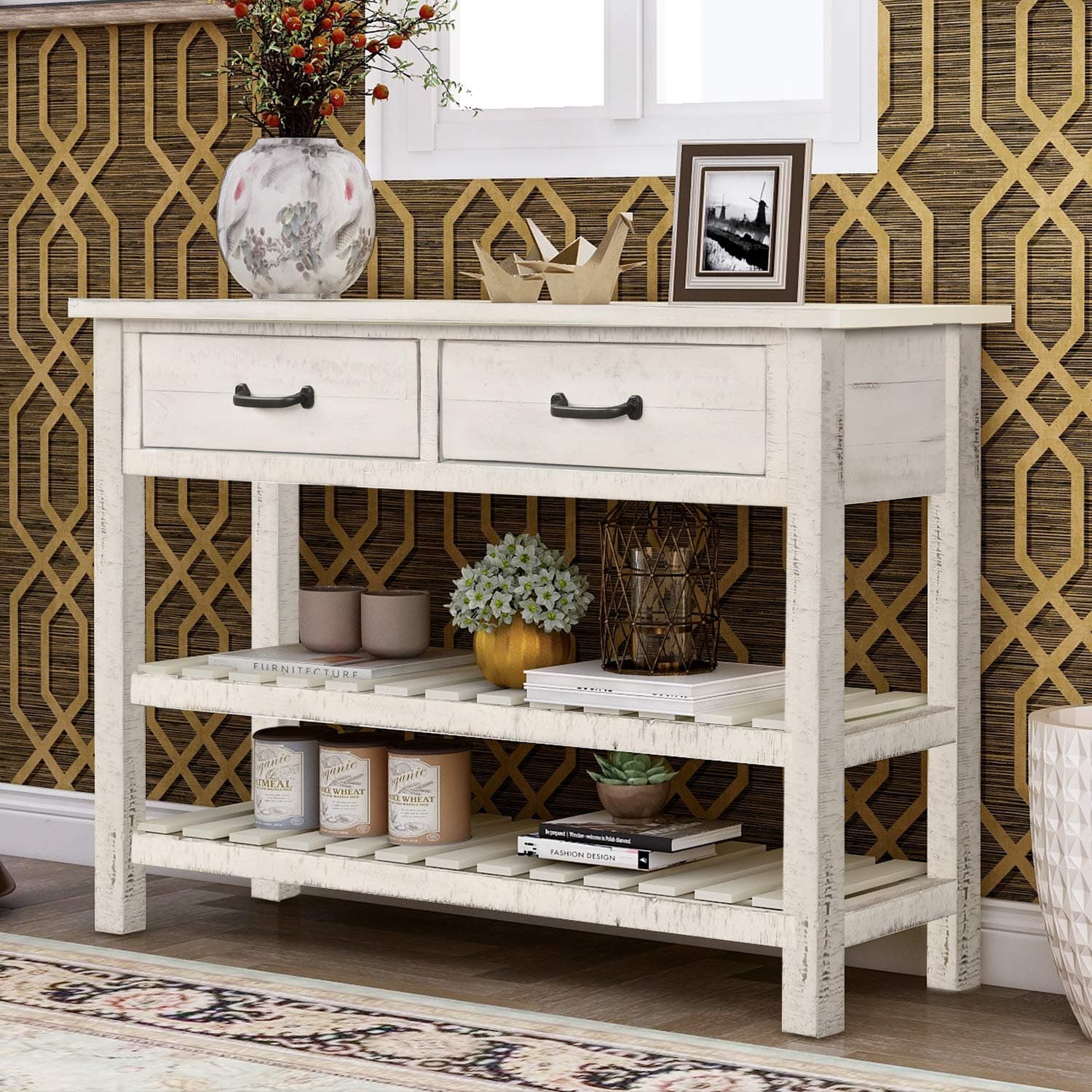 Console Tables for Entryway, Baysitone Wood Sofa Table with 2 Drawers and 2 Tiers Shelves for Living Room (Antique White)