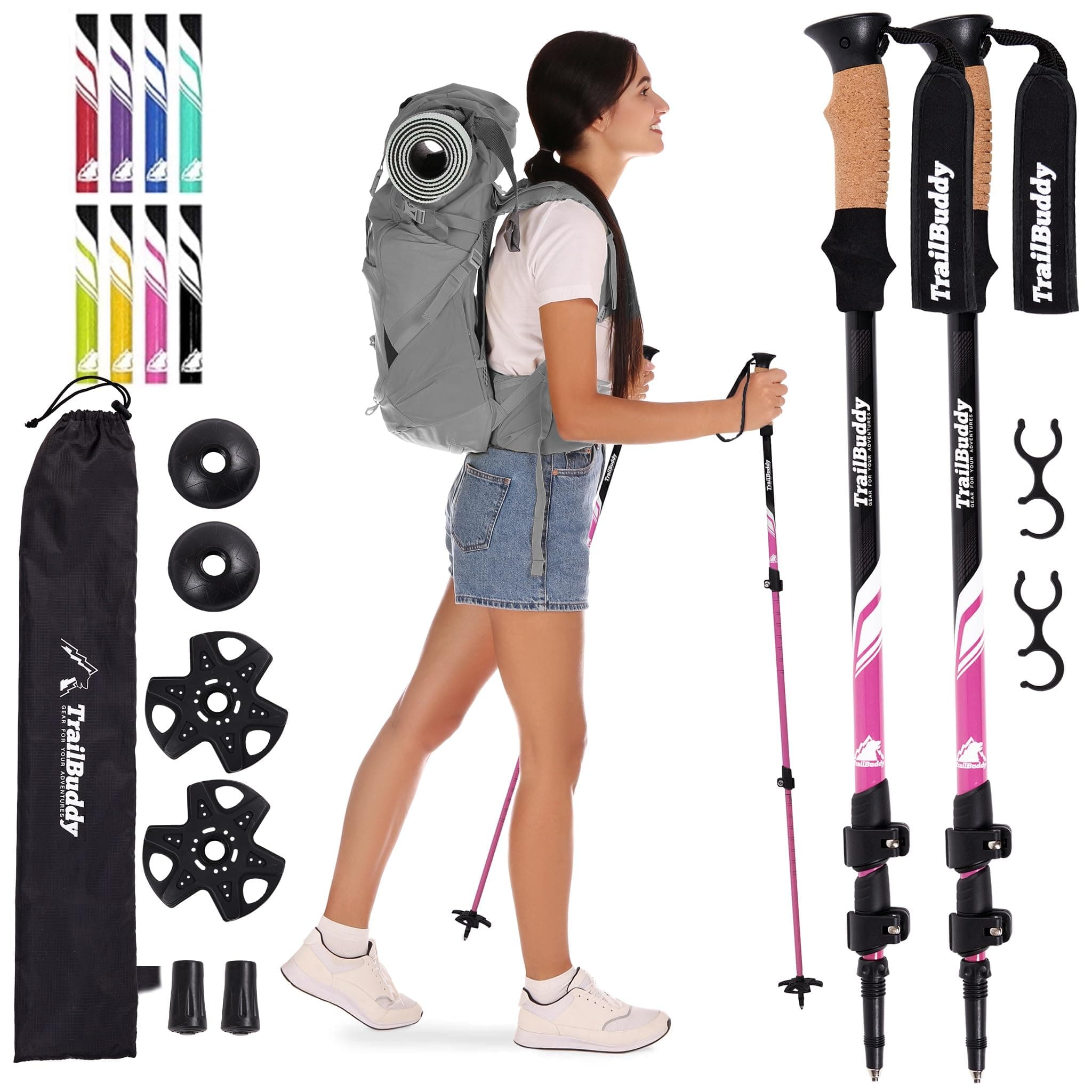TrailBuddy Trekking Poles, Set of 2, Climbing Stocks, Lightweight Aluminum, Aircraft Quality, Walking Poles, Climbing Poles, Extendable, Flip Lock, Cork Grip, Padded Strap, Various Accessories